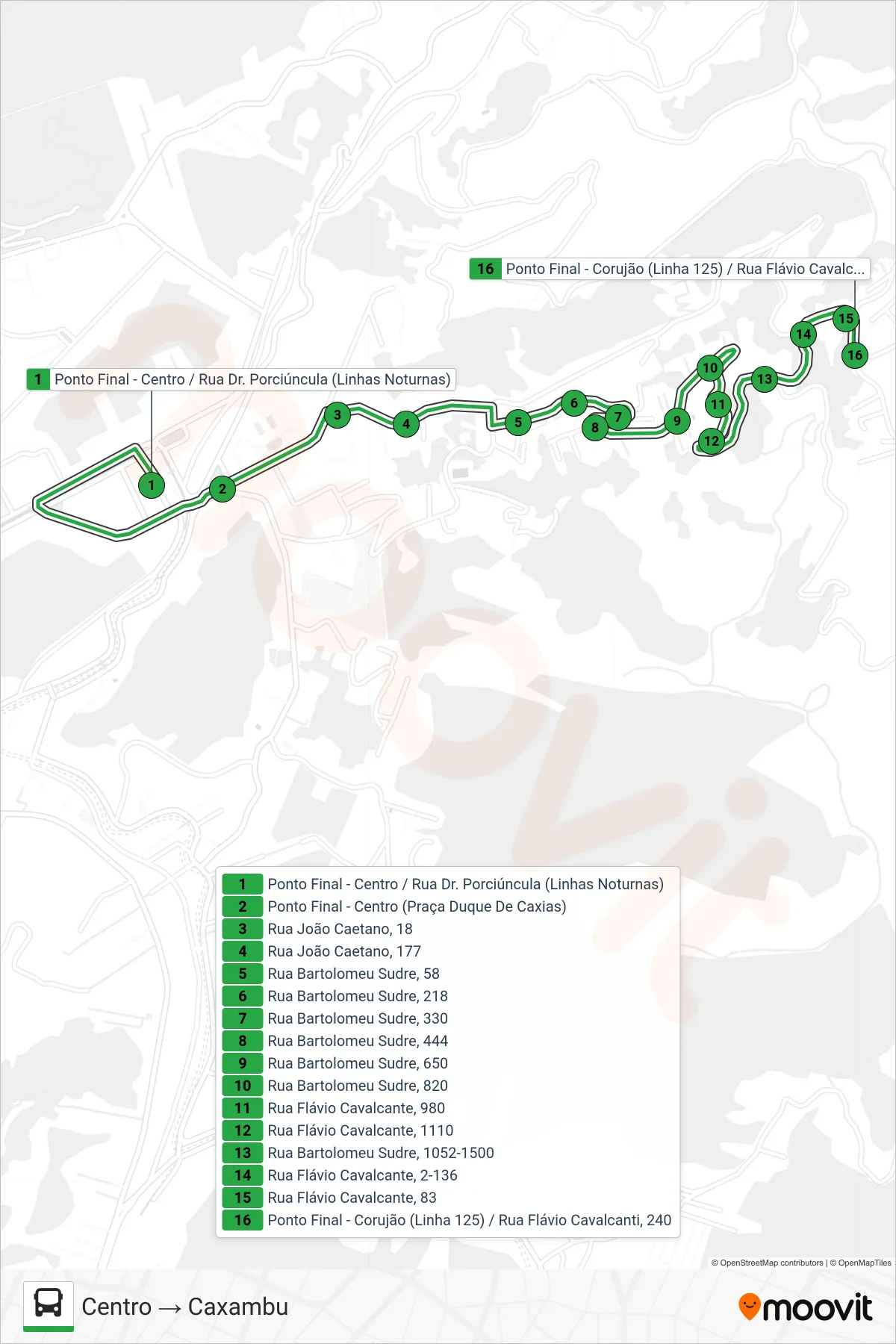 Rota e paradas da linha de ônibus 125 (Centro → Caxambu) no mapa