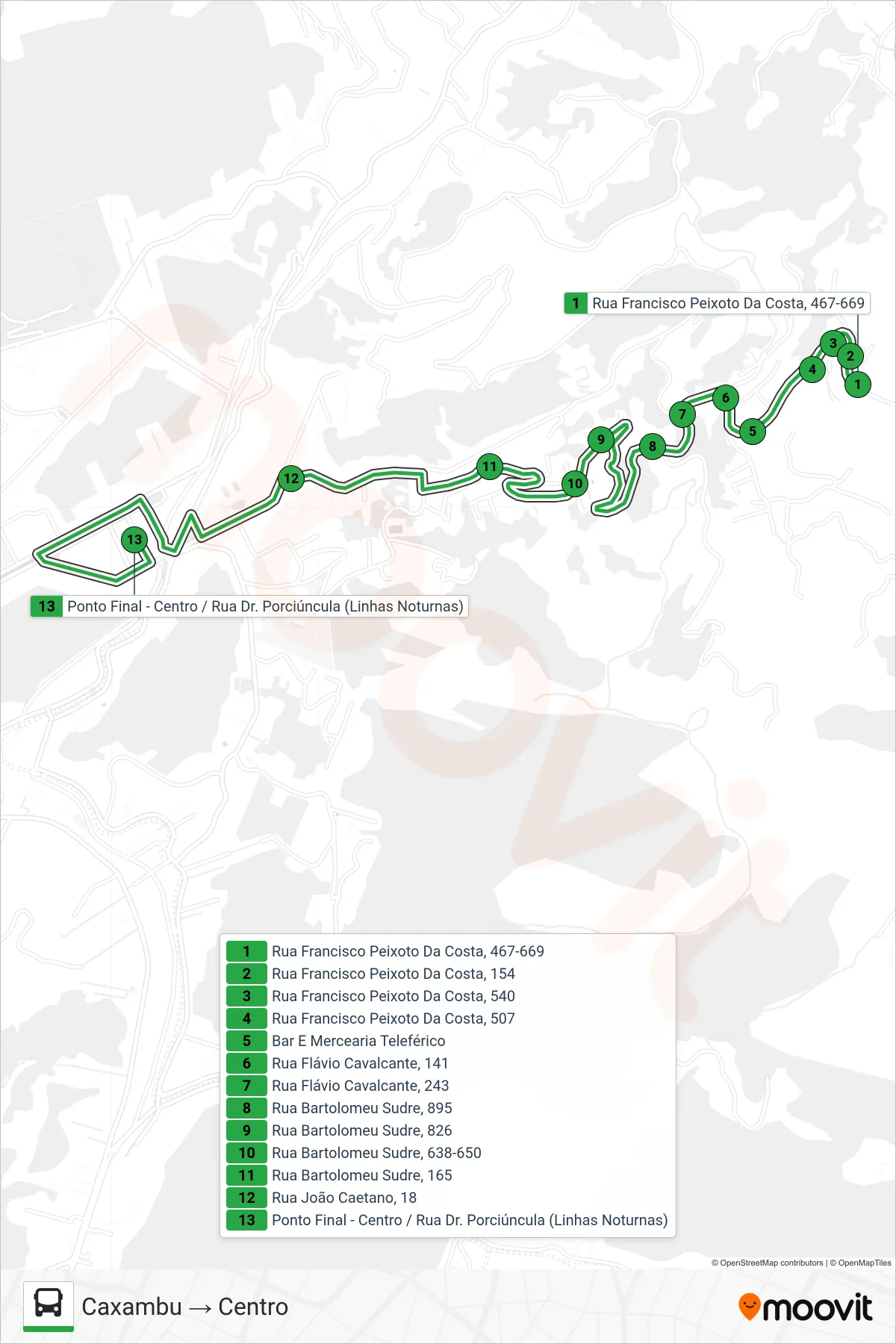Rota e paradas da linha de ônibus  125  (Caxambu → Centro) no mapa