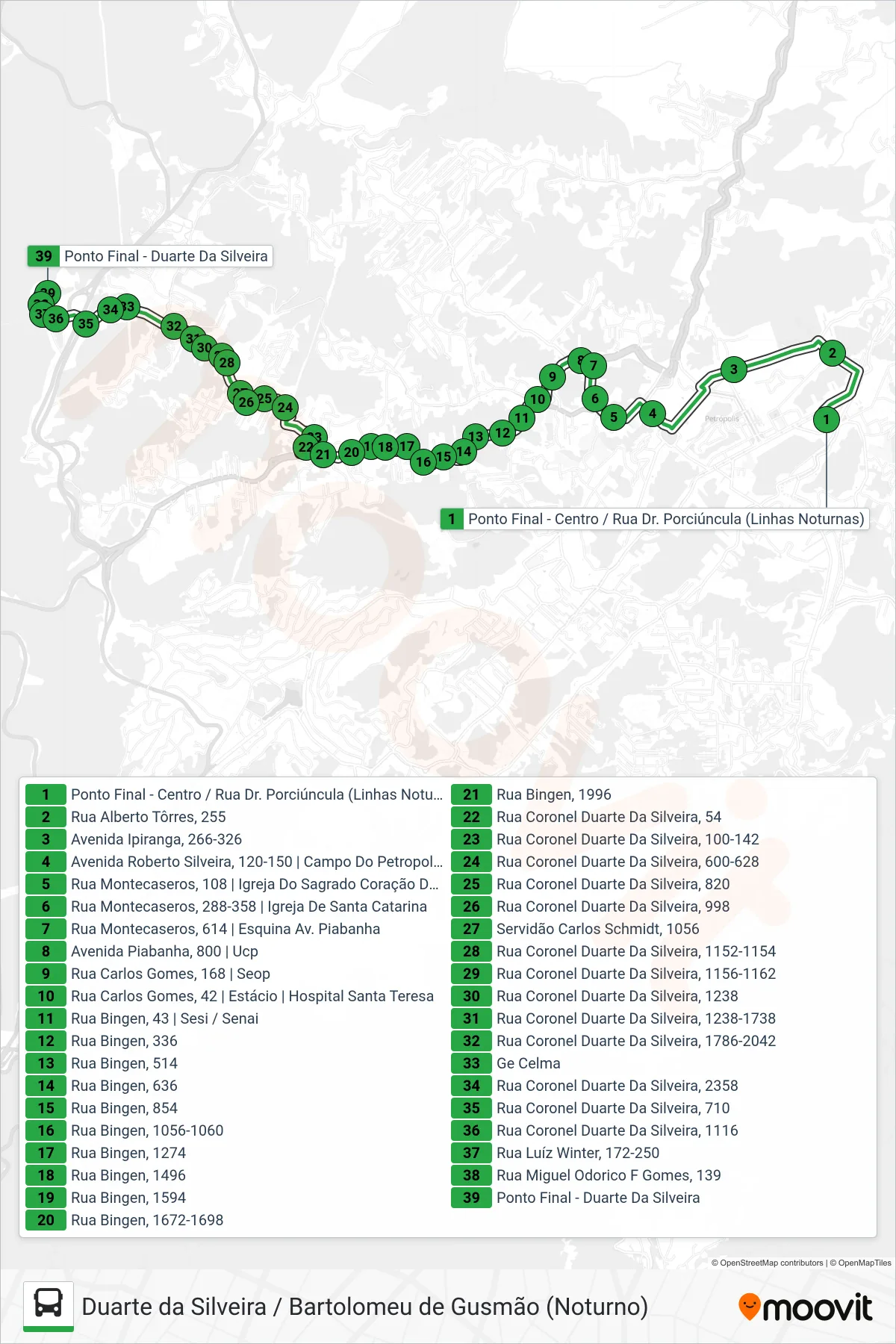 Rota e paradas da linha de ônibus 126 (Centro → Duarte Da Silveira) no mapa