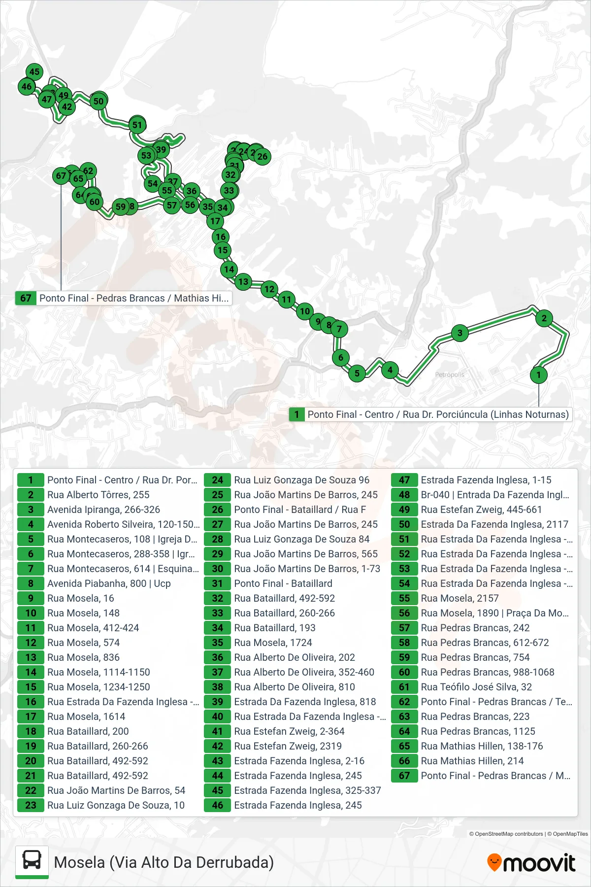 Rota e paradas da linha de ônibus 127 (Mosela (Via Alto Da Derrubada)) no mapa