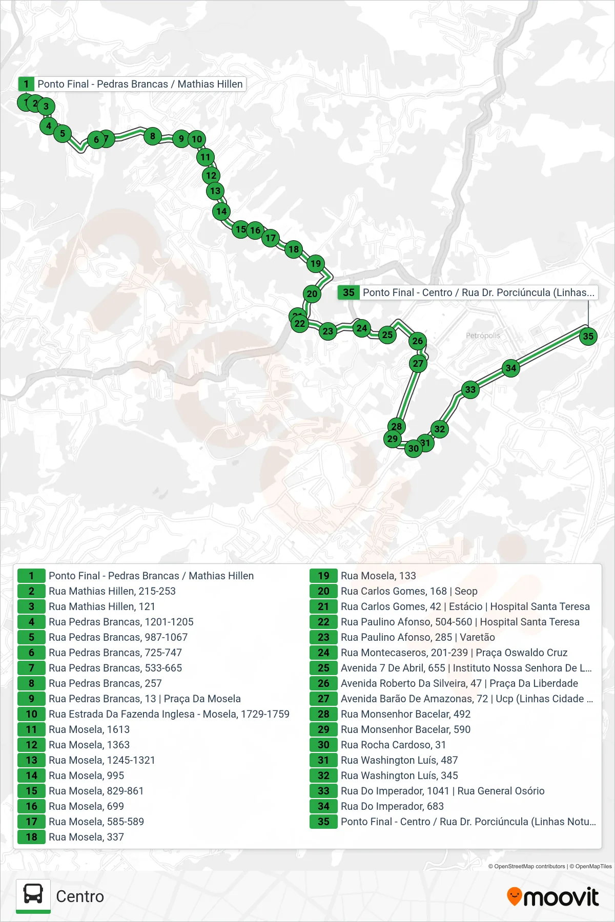 Rota e paradas da linha de ônibus  127  (Centro) no mapa