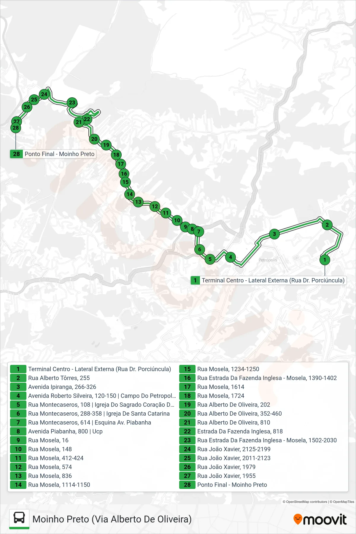 Rota e paradas da linha de ônibus 129 (Moinho Preto (Via Alberto De Oliveira)) no mapa
