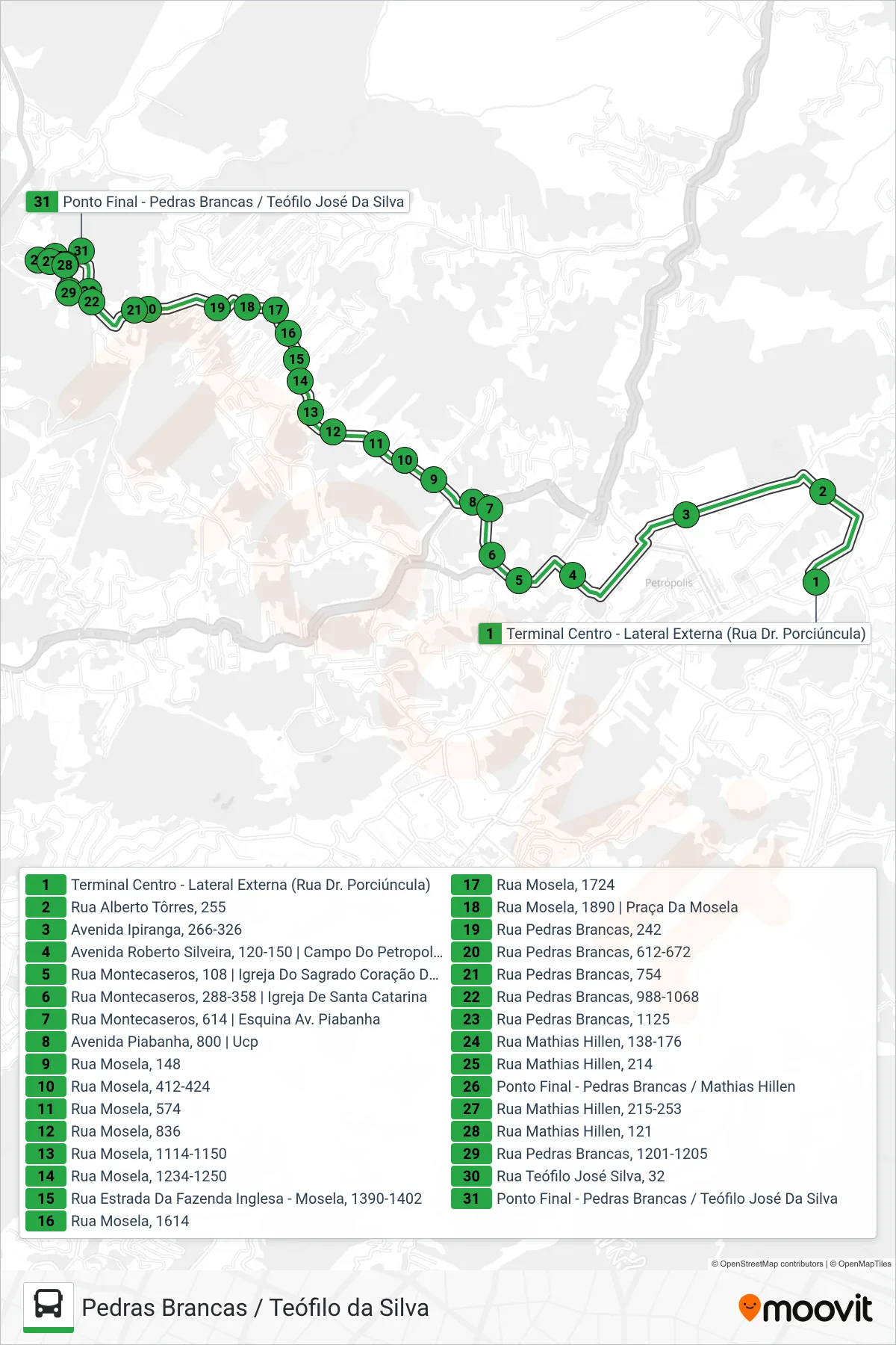 Rota e paradas da linha de ônibus 132 (Pedras Brancas (Via Mathias Hillen)) no mapa