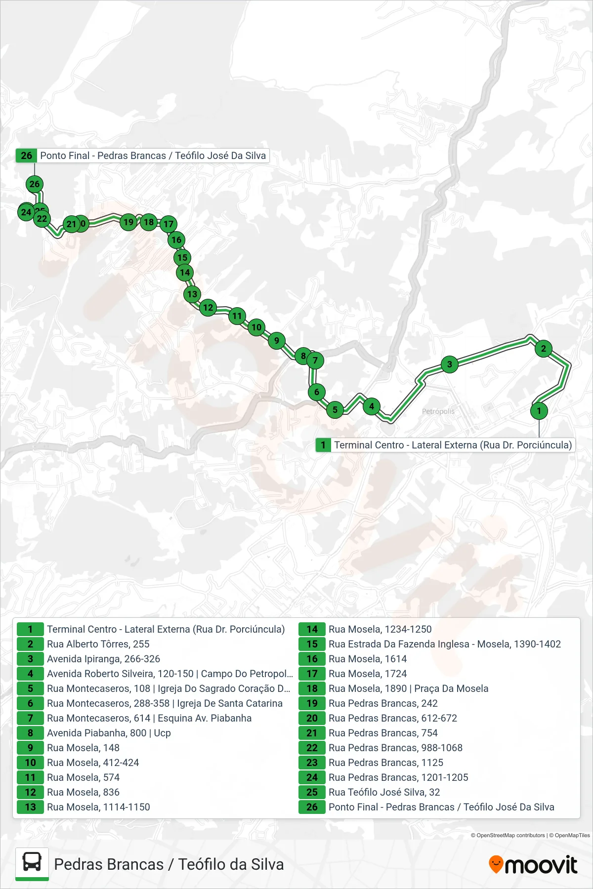 Rota e paradas da linha de ônibus 132 (Pedras Brancas (Téofilo Da Silva)) no mapa