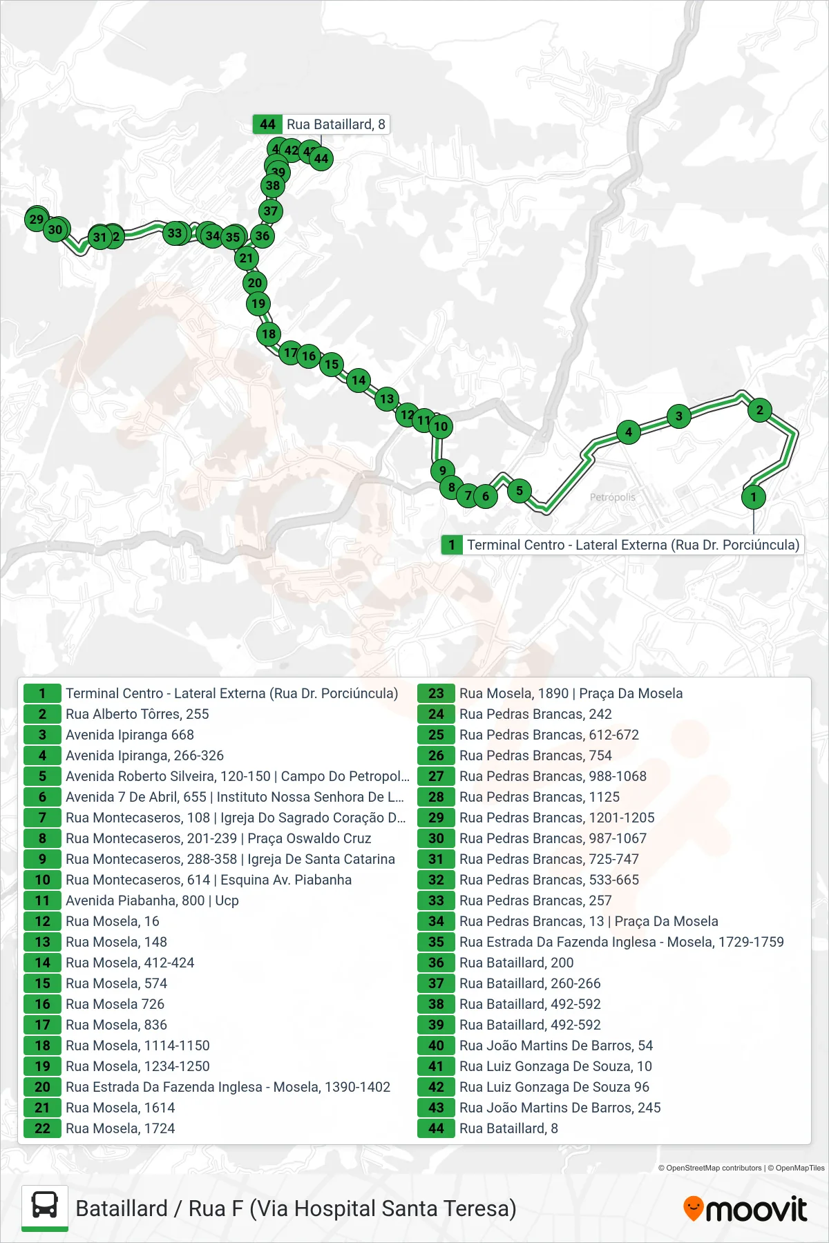 Rota e paradas da linha de ônibus 134 (Bataillard / Rua F (Via Pedras Brancas)) no mapa