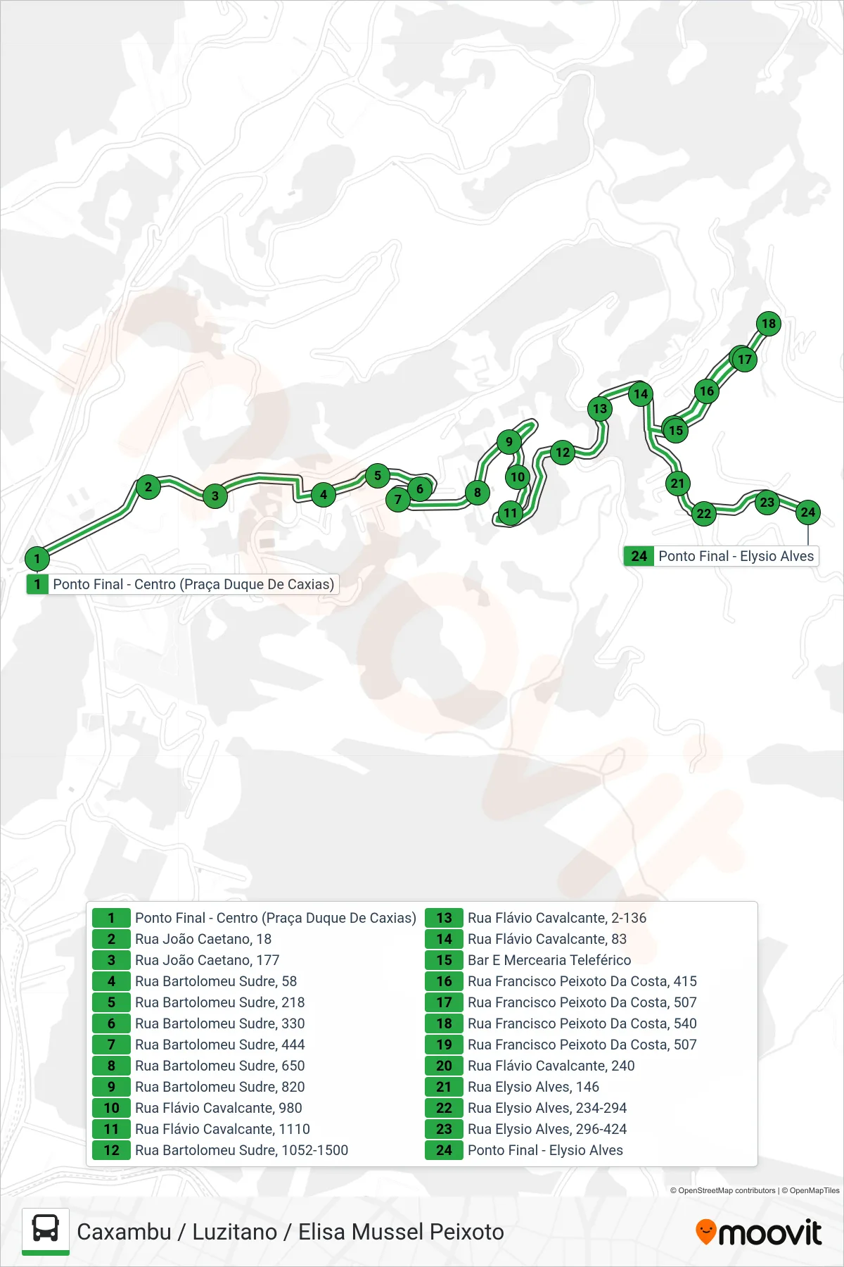 Rota e paradas da linha de ônibus 135 (Caxambu / Luzitano / Elisa Mussel Peixoto) no mapa