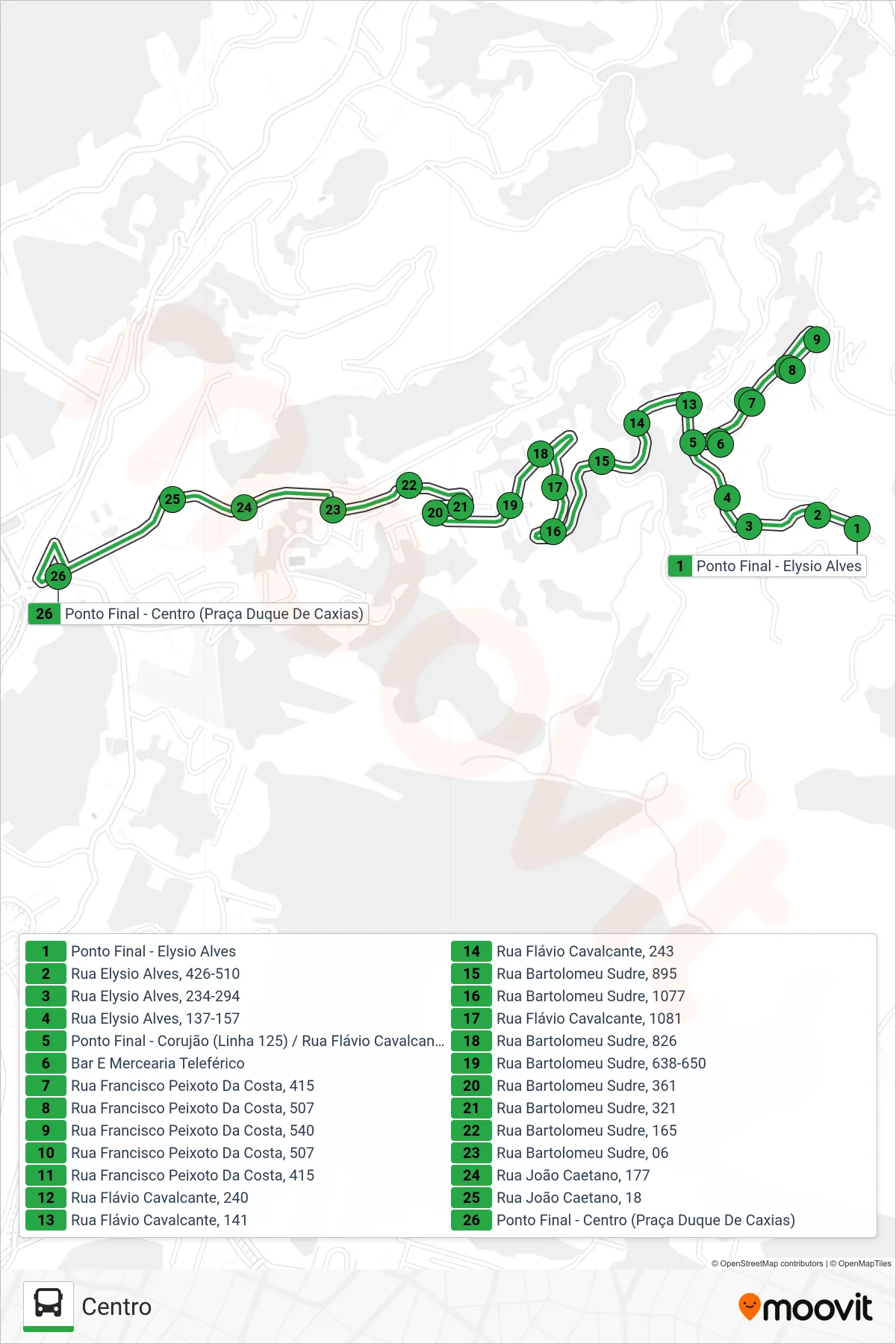Rota e paradas da linha de ônibus 135 (Centro) no mapa