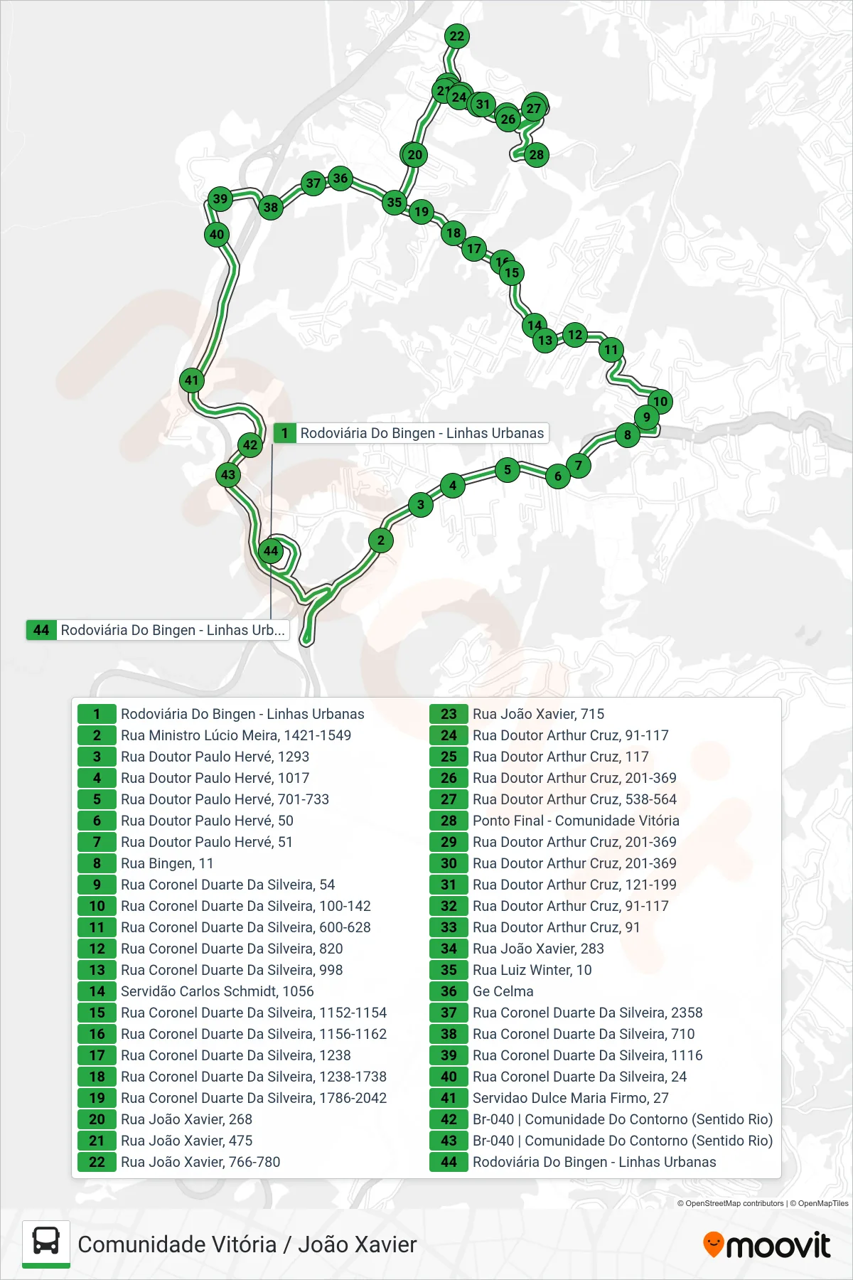 140 bus Line (Com. Vitória / João Xavier) route and stops on a map