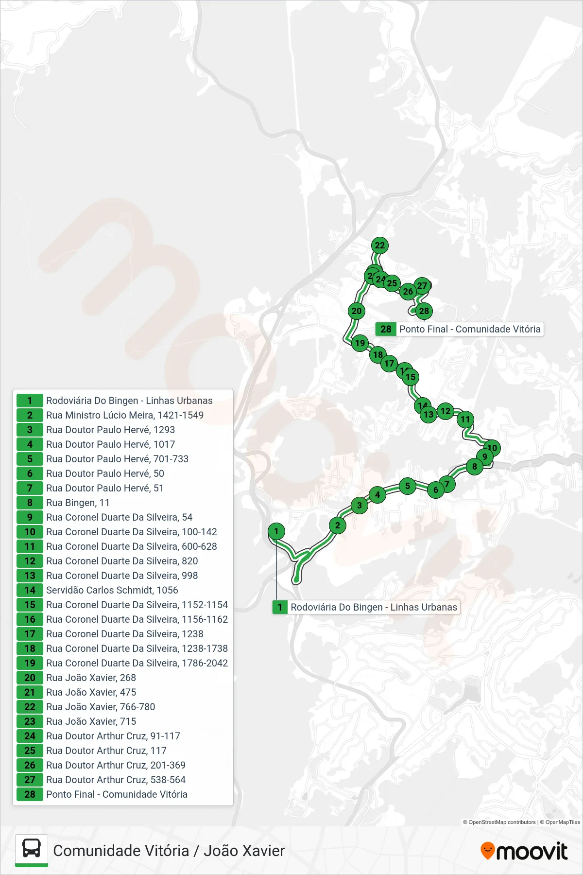 Rota e paradas da linha de ônibus 140 (Com. Vitória / João Xavier (Última Viagem)) no mapa