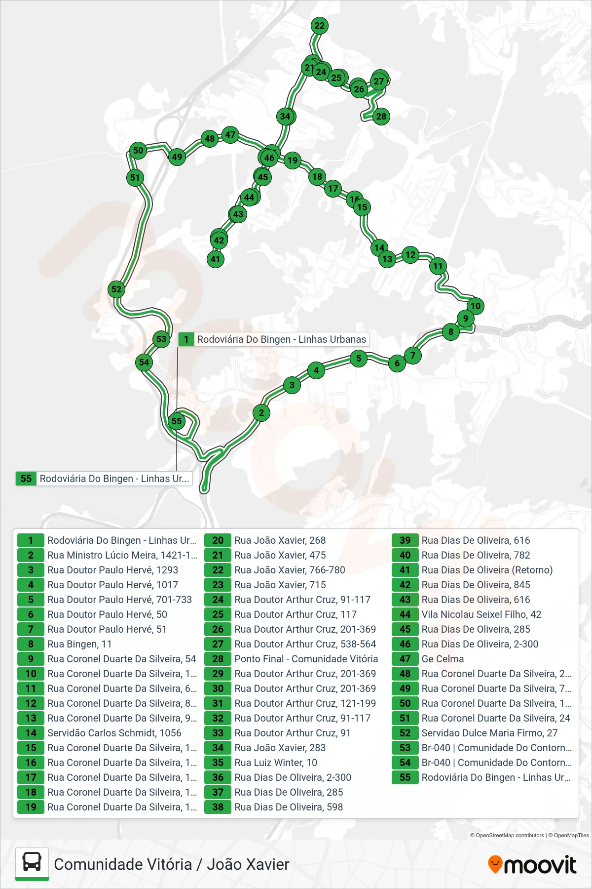 Rota e paradas da linha de ônibus 140 (Com. Vitória / João Xavier (Via Dias De Oliveira)) no mapa