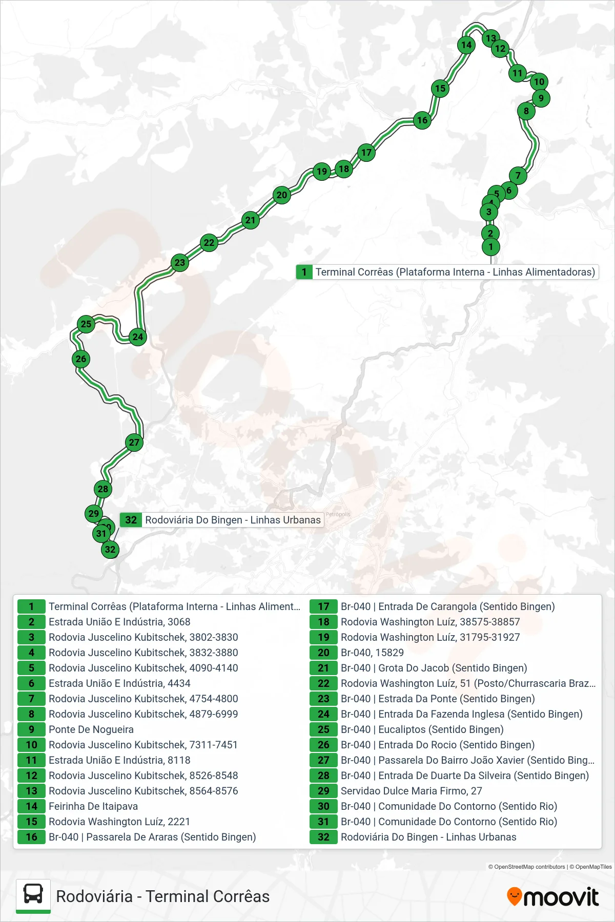 Rota e paradas da linha de ônibus 150 (Rodoviária Bingen) no mapa