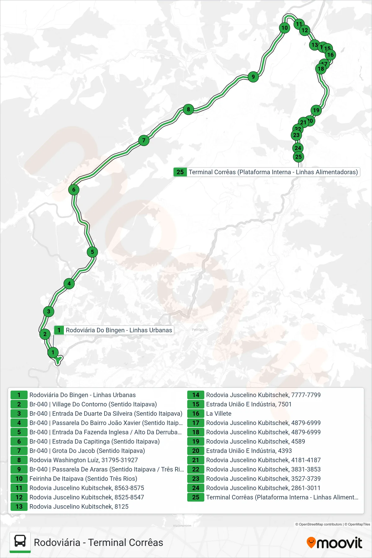 Rota e paradas da linha de ônibus 150 (Terminal Corrêas) no mapa