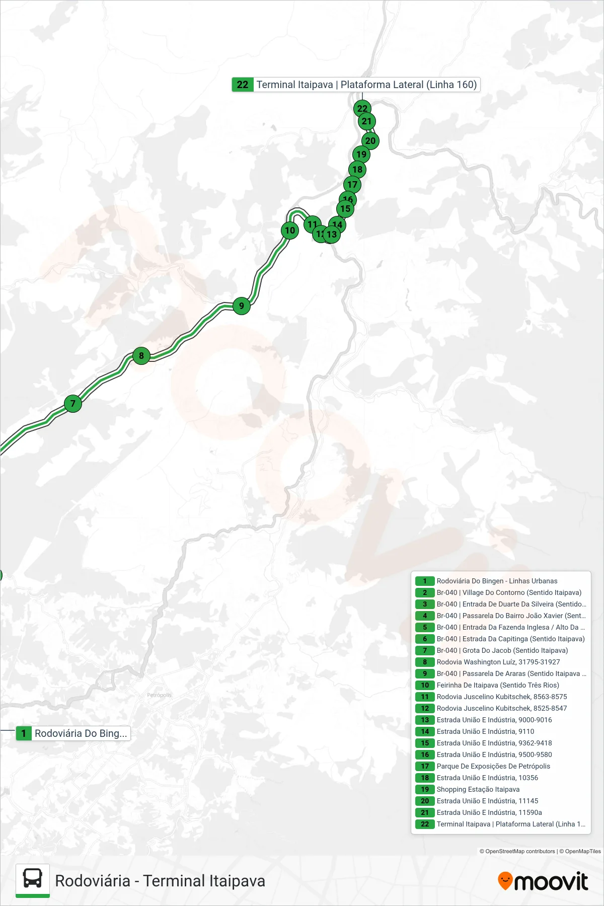 Rota e paradas da linha de ônibus 160 (Terminal Itaipava) no mapa