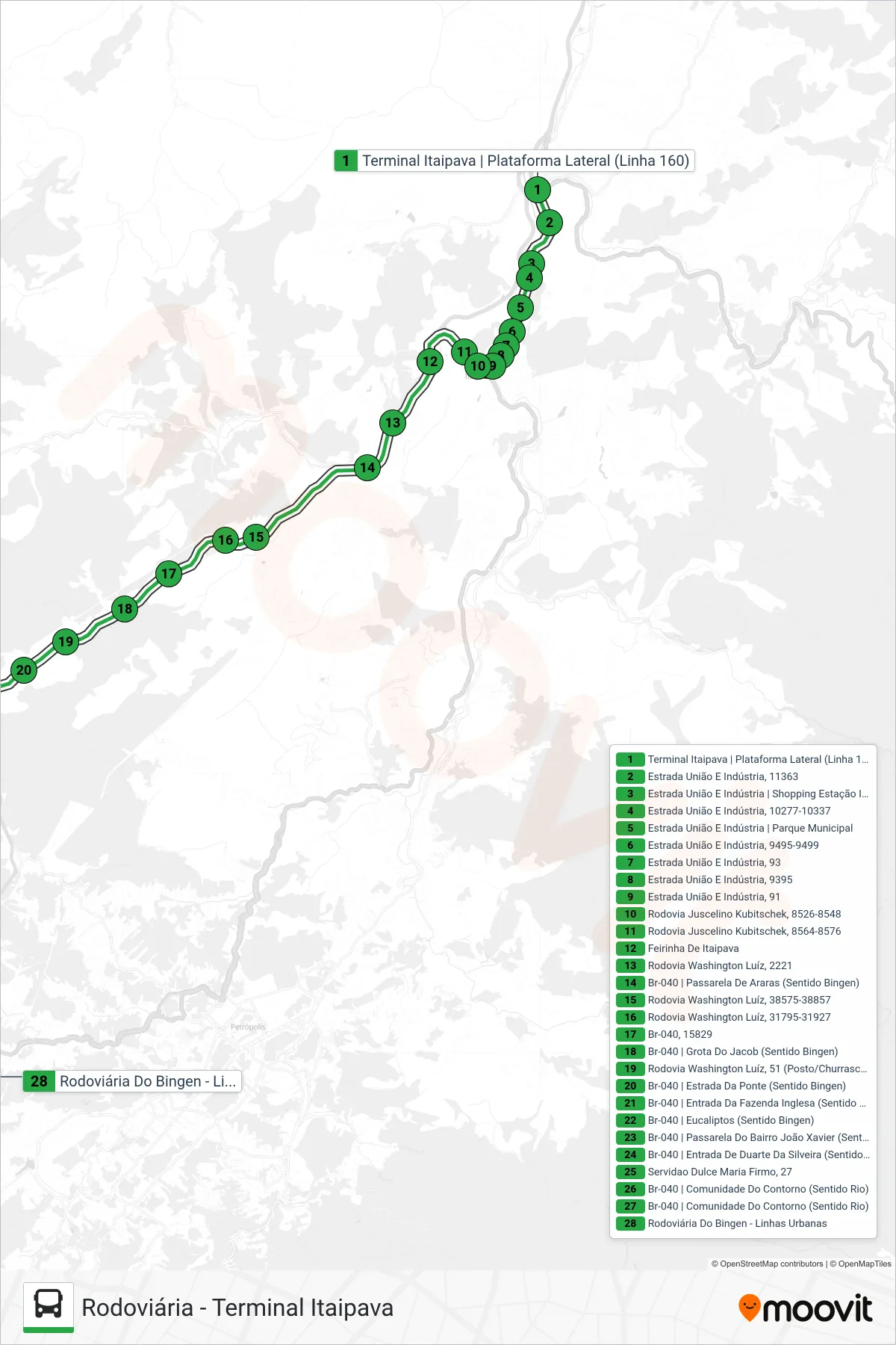Rota e paradas da linha de ônibus 160 (Rodoviária) no mapa