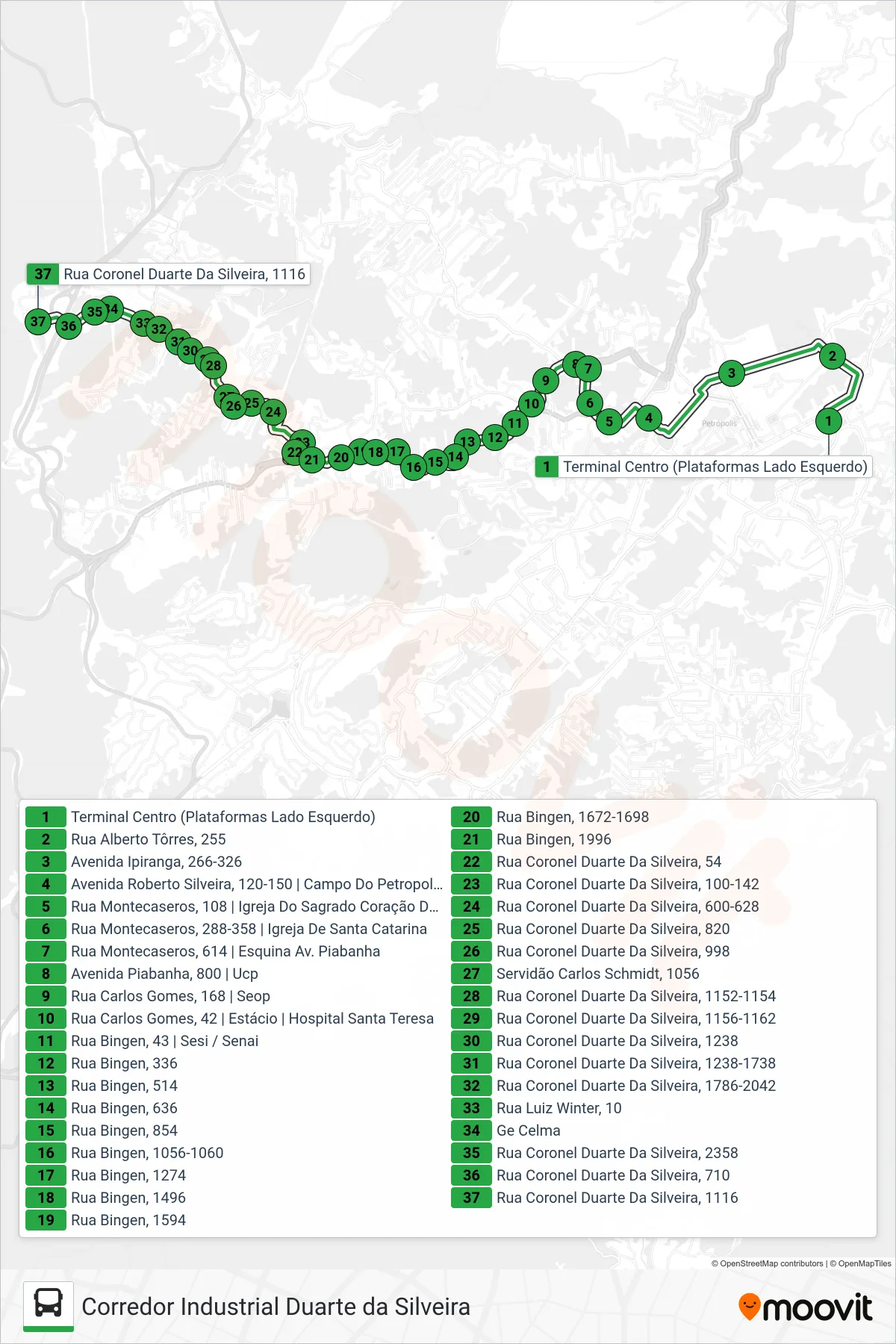 Rota e paradas da linha de ônibus 190 (Duarte Da Silveira) no mapa