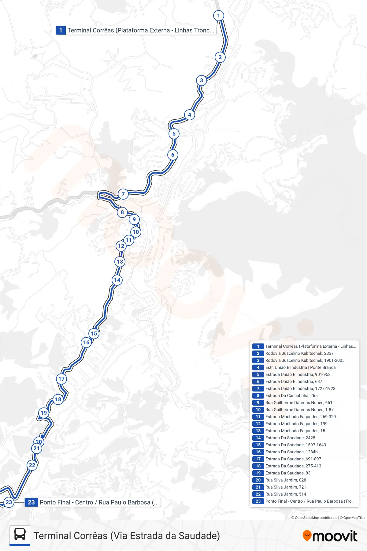Rota e paradas da linha de ônibus 500 (Centro) no mapa