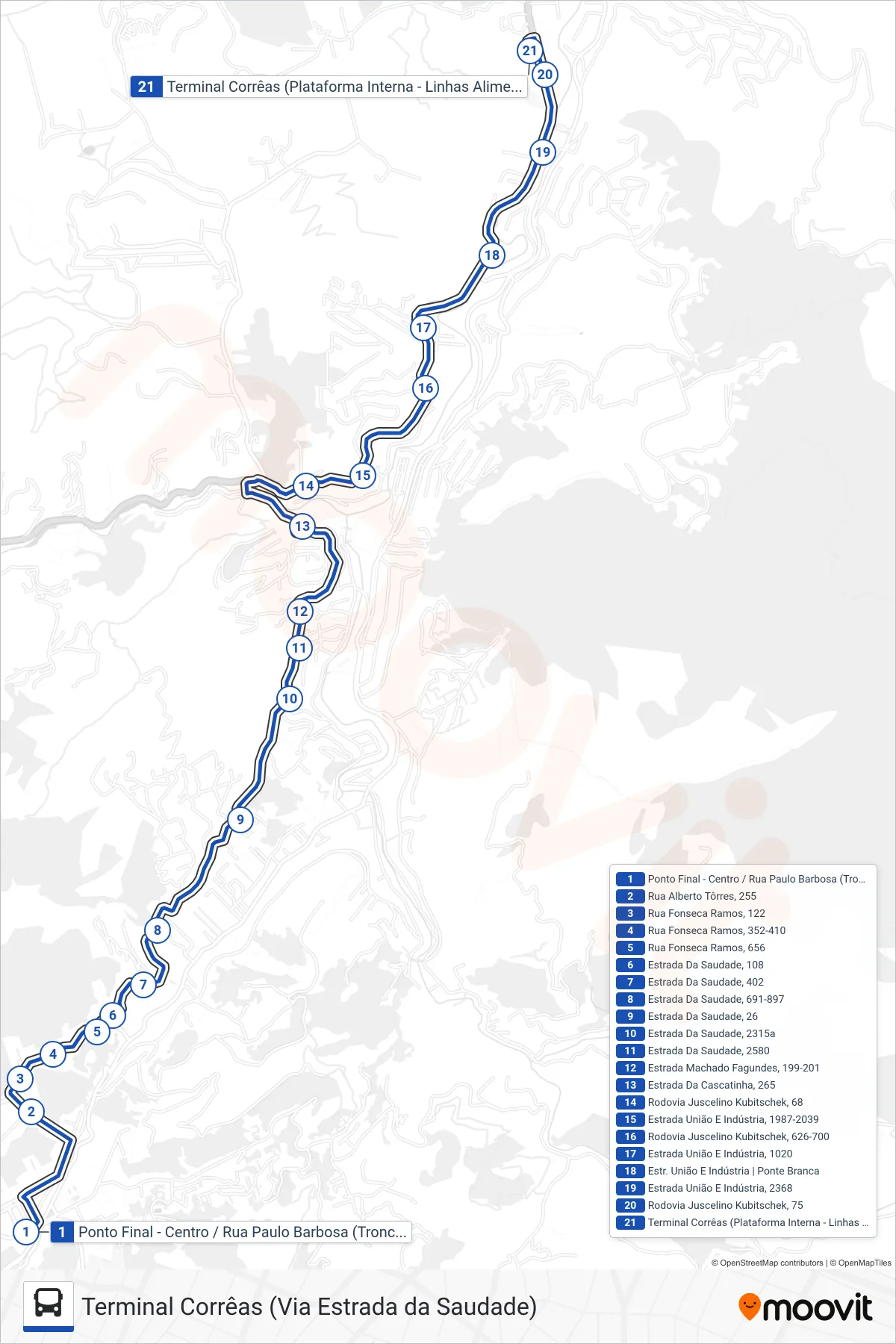 Rota e paradas da linha de ônibus 500 (Terminal Corrêas) no mapa