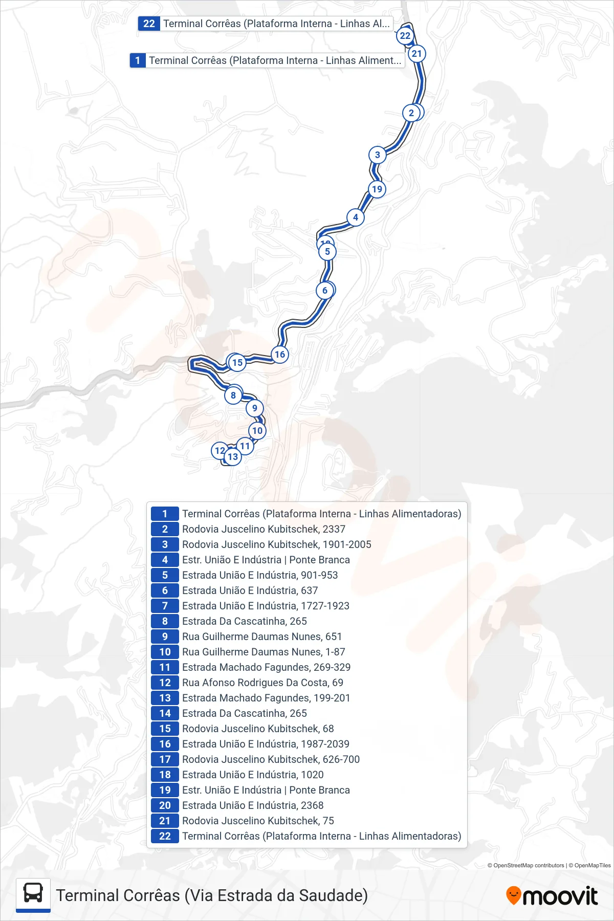 Rota e paradas da linha de ônibus 500 (Terminal Corrëas ↔ Fábrica Do Saber) no mapa
