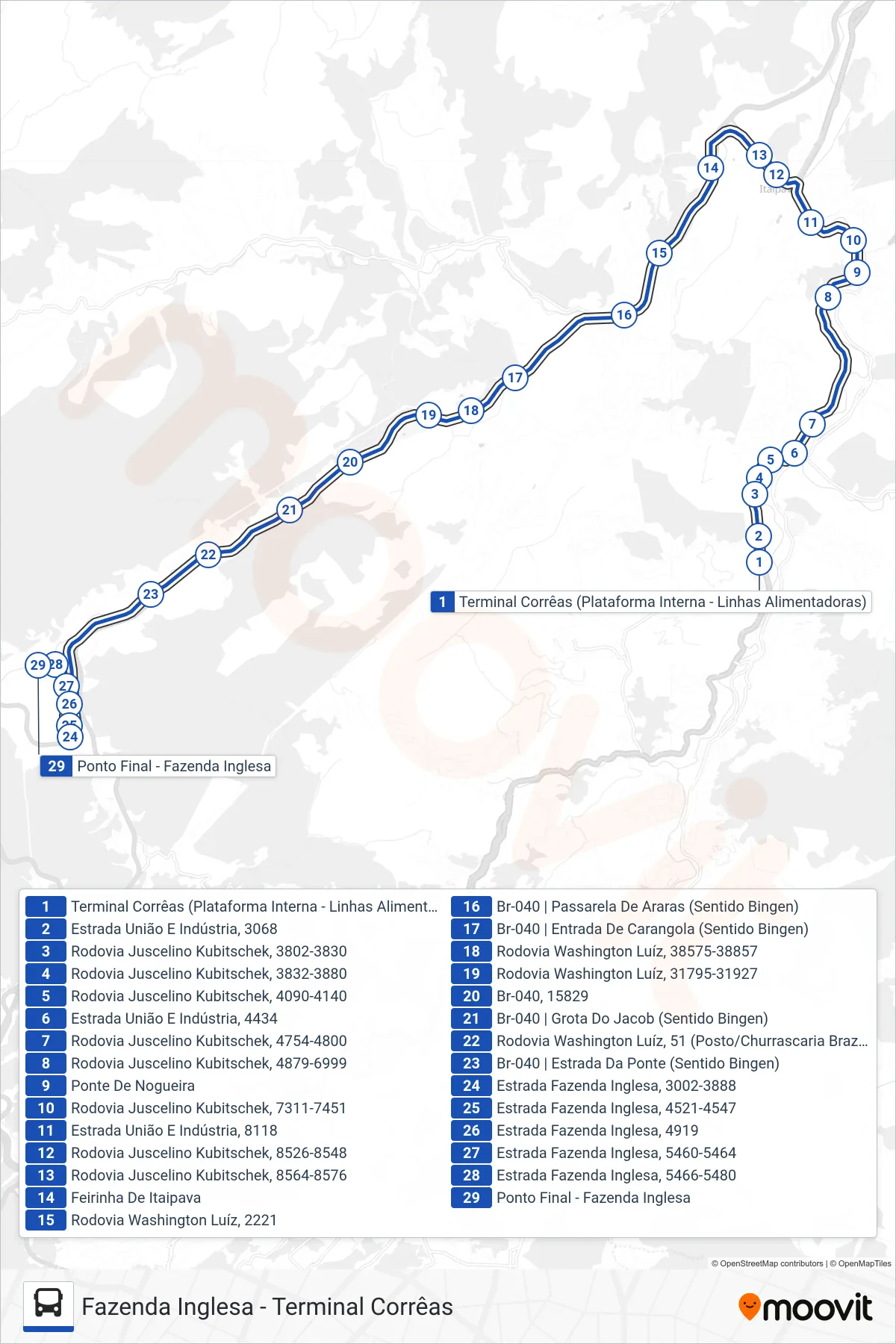 Rota e paradas da linha de ônibus 601 (Fazenda Inglesa) no mapa