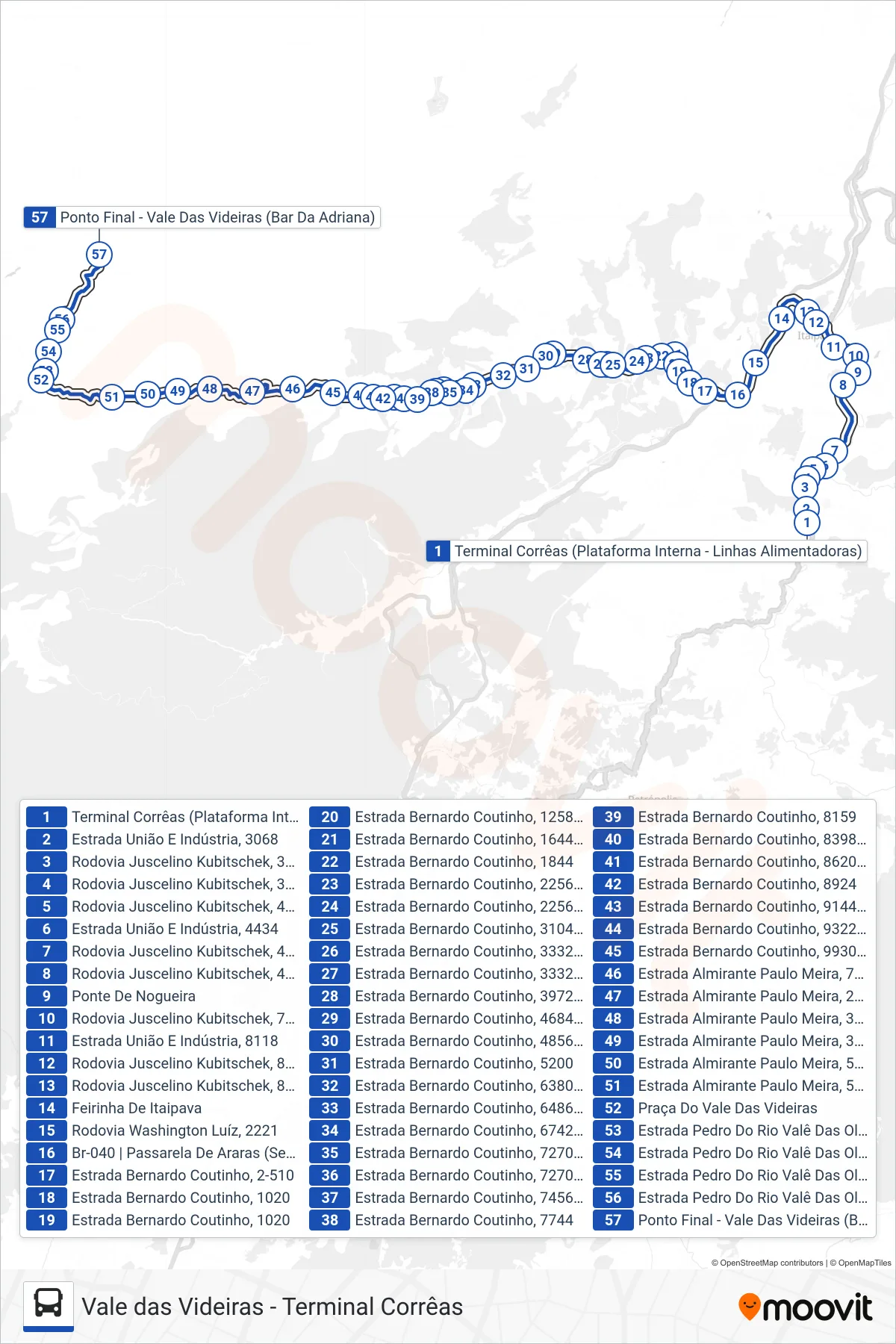 Rota e paradas da linha de ônibus 602 (Vale das Videiras) no mapa
