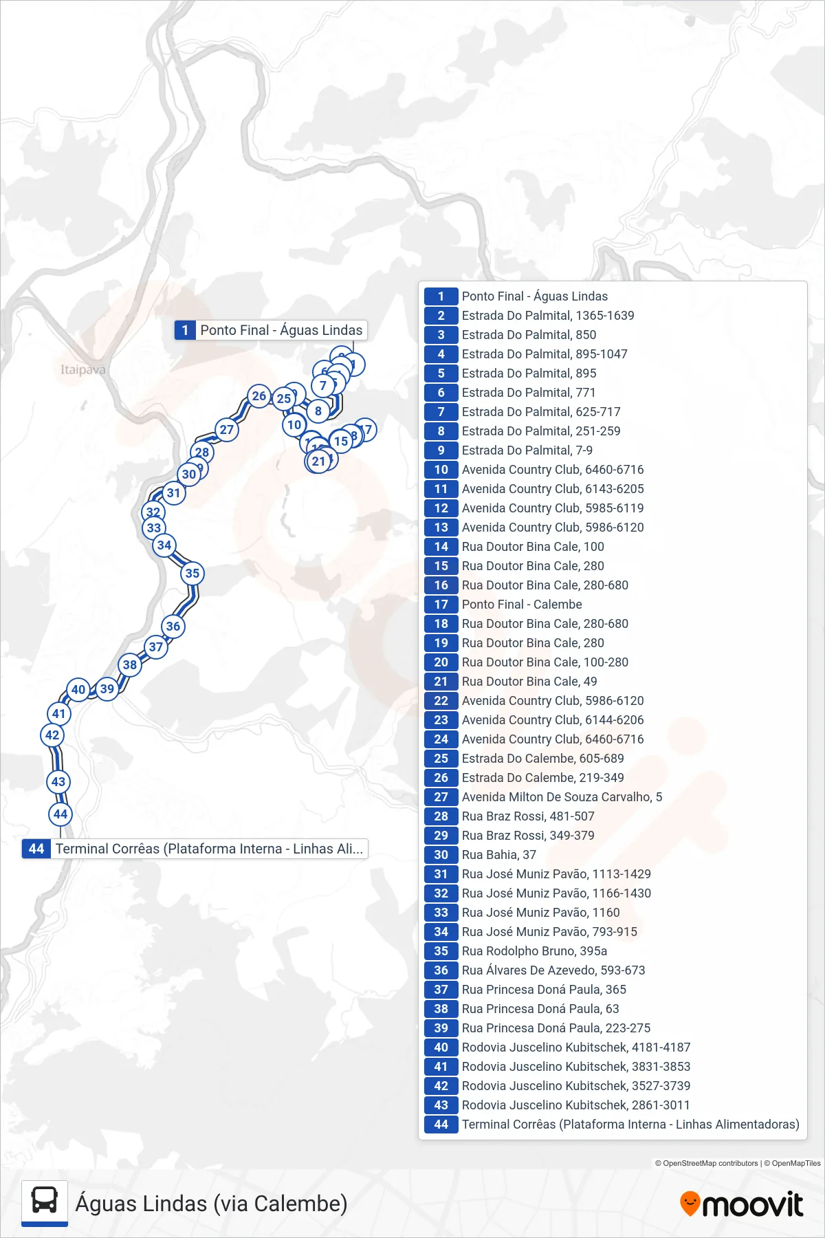 Rota e paradas da linha de ônibus 603 (Terminal Corrêas) no mapa
