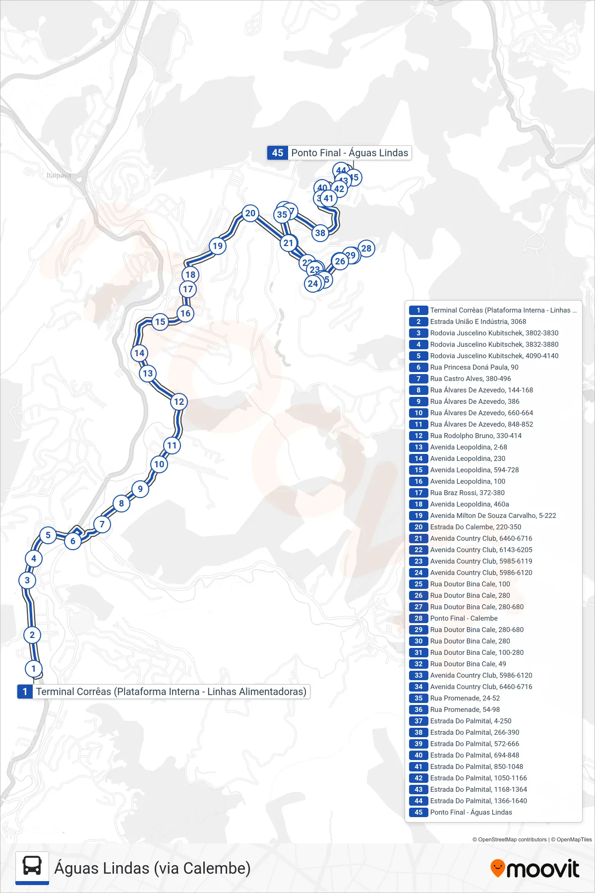 Rota e paradas da linha de ônibus 603 (Águas Lindas) no mapa