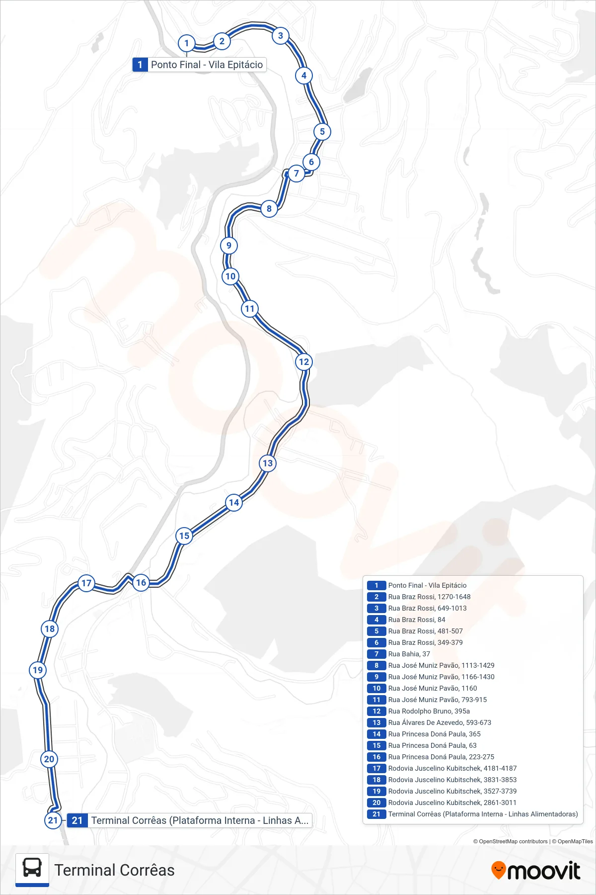 Rota e paradas da linha de ônibus  604  (Terminal Corrêas) no mapa