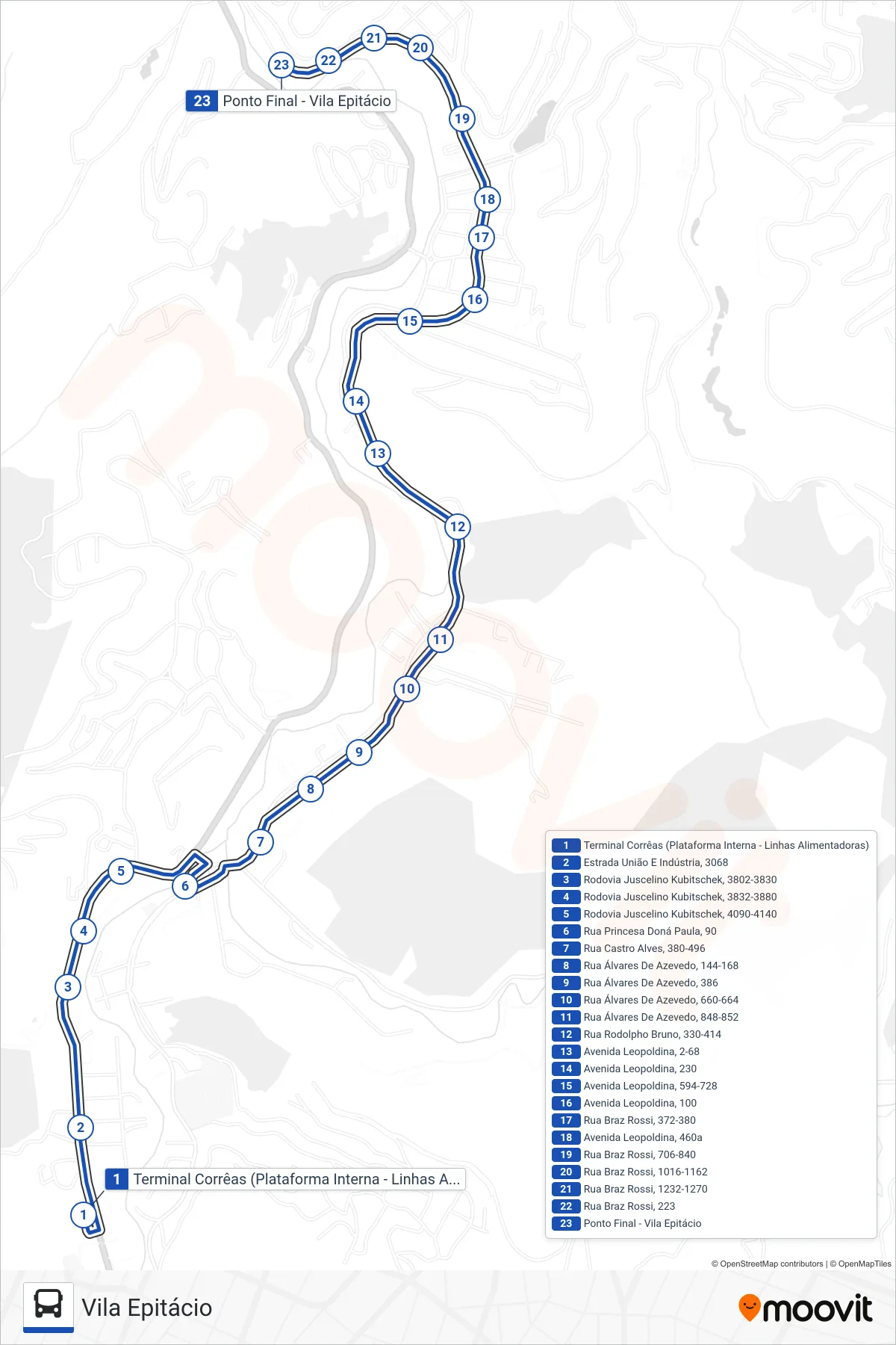 Rota e paradas da linha de ônibus 604 (Vila Epitácio) no mapa