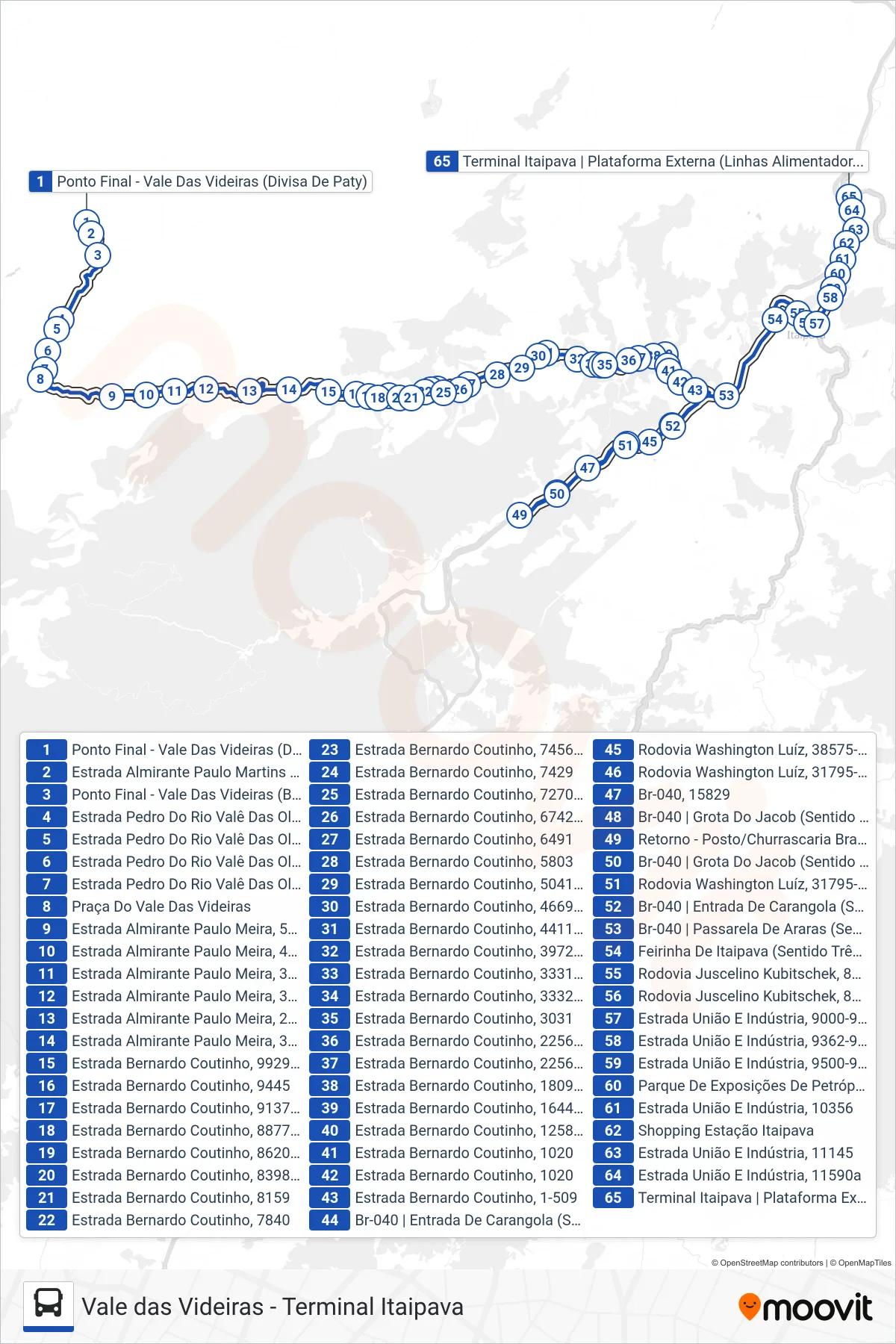 Rota e paradas da linha de ônibus 605 (Terminal Itaipava (via Brazão)) no mapa