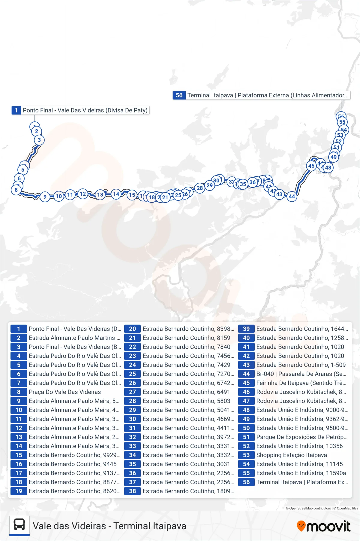 Rota e paradas da linha de ônibus 605 (Terminal Itaipava) no mapa