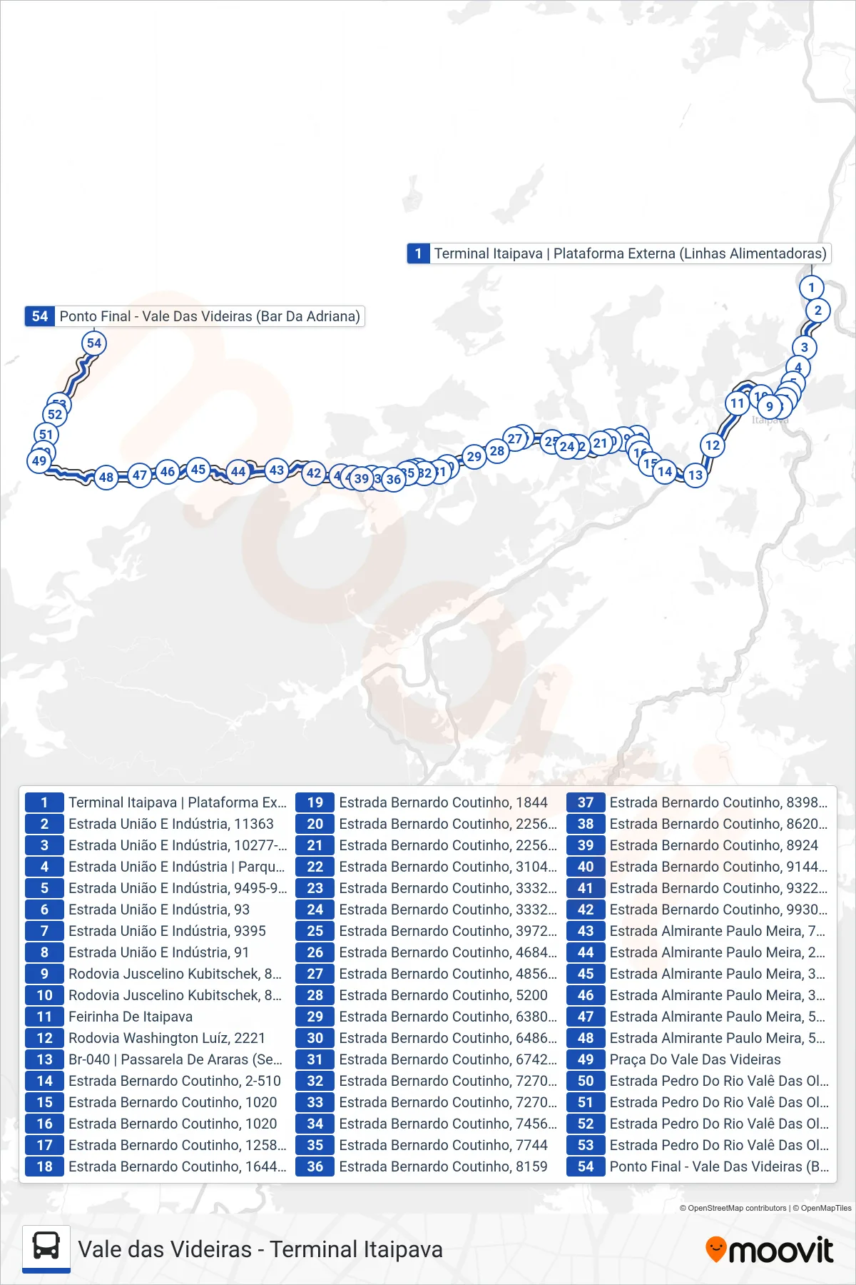 Rota e paradas da linha de ônibus 605 (Vale Das Videiras) no mapa