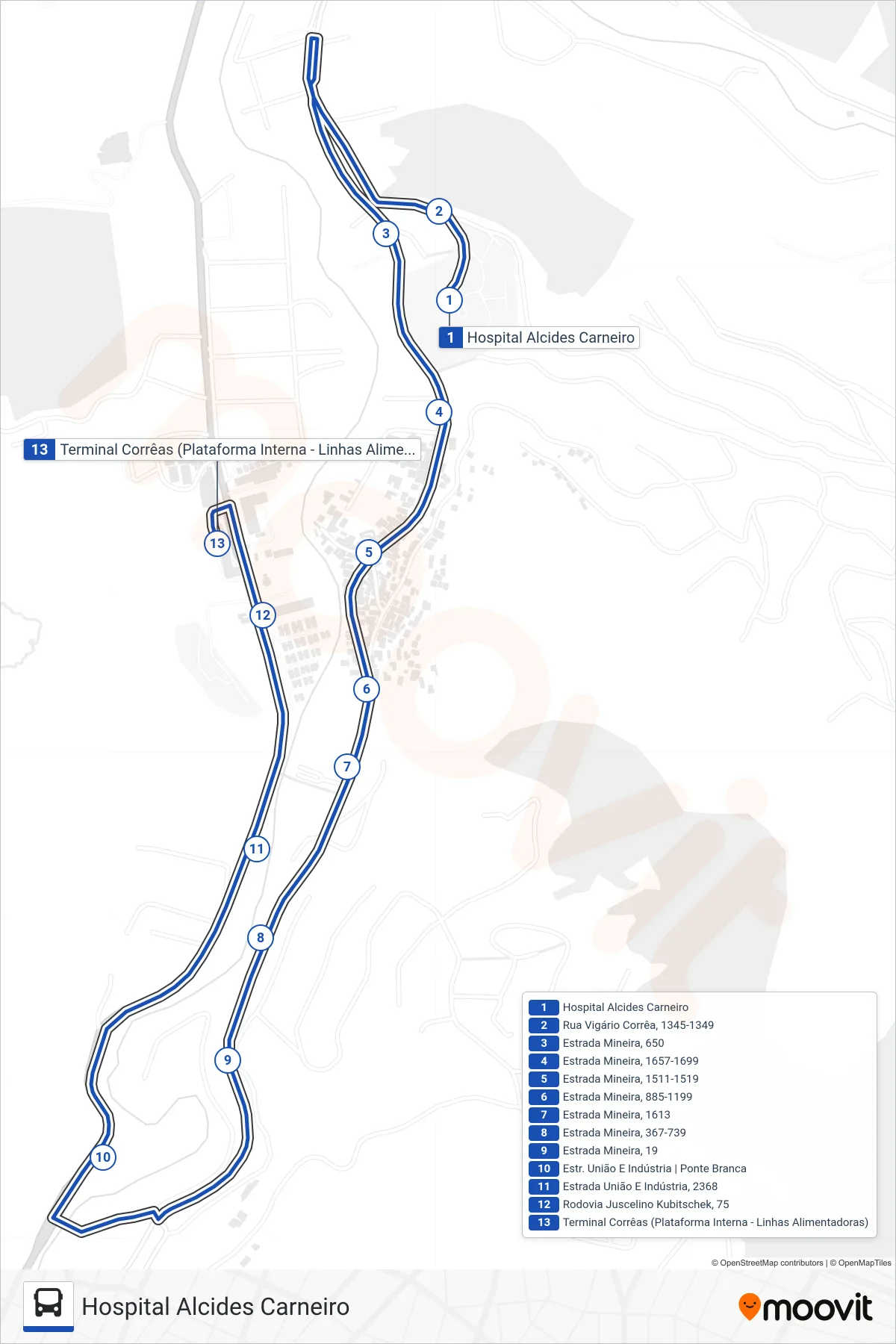 606 bus Line (Terminal Corrêas (Via Ponte Branca)) route and stops on a map