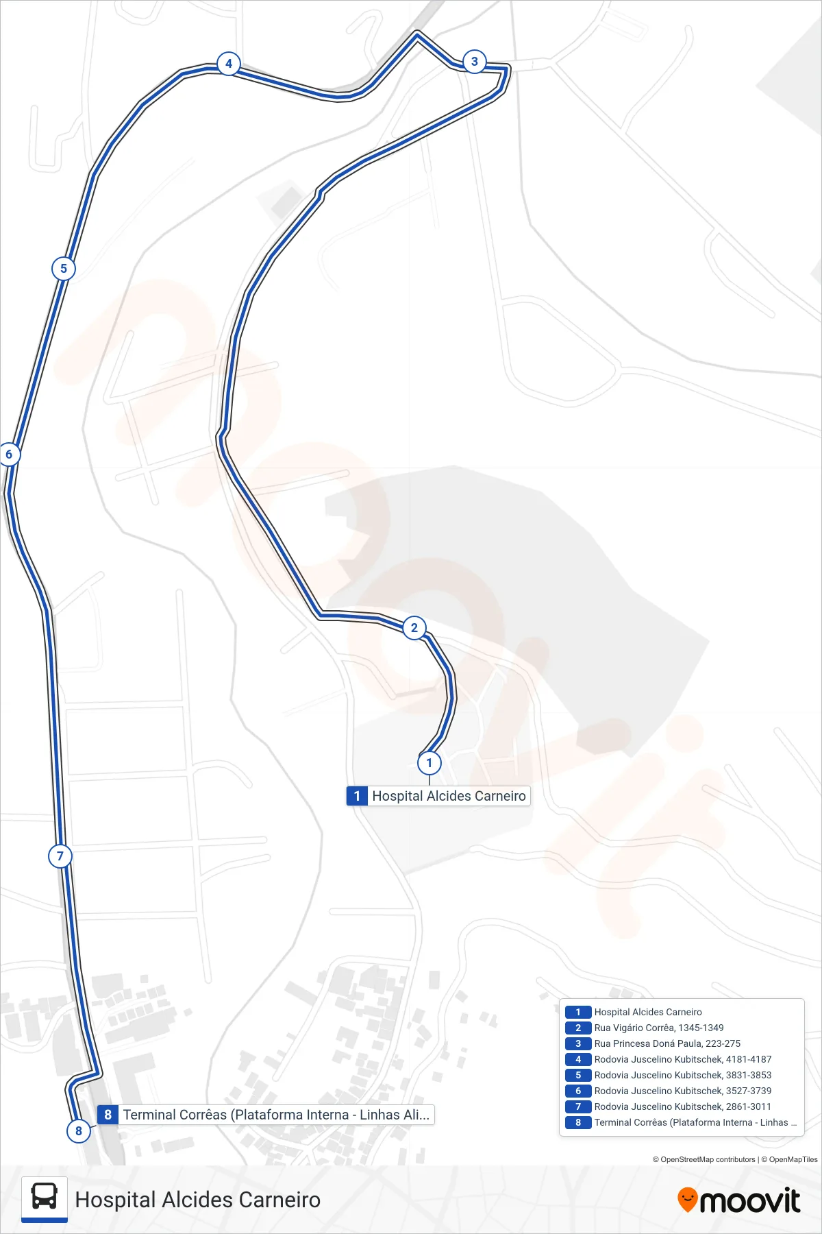 Rota e paradas da linha de ônibus 606 (Terminal Corrêas (Via Praça De Corrêas)) no mapa