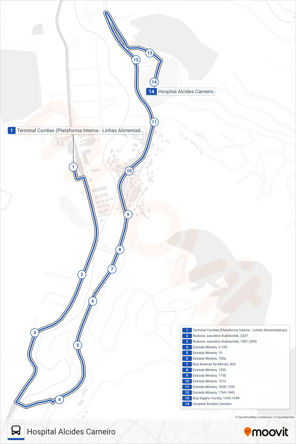 606 bus Line (Hospital Alcides Carneiro (Via Ponte Branca)) route and stops on a map