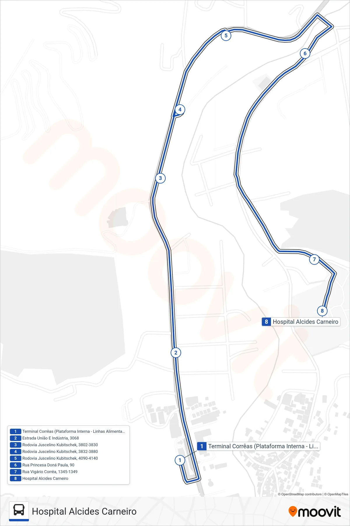 606 bus Line (Hospital Alcides Carneiro (Via Praça De Corrêas)) route and stops on a map