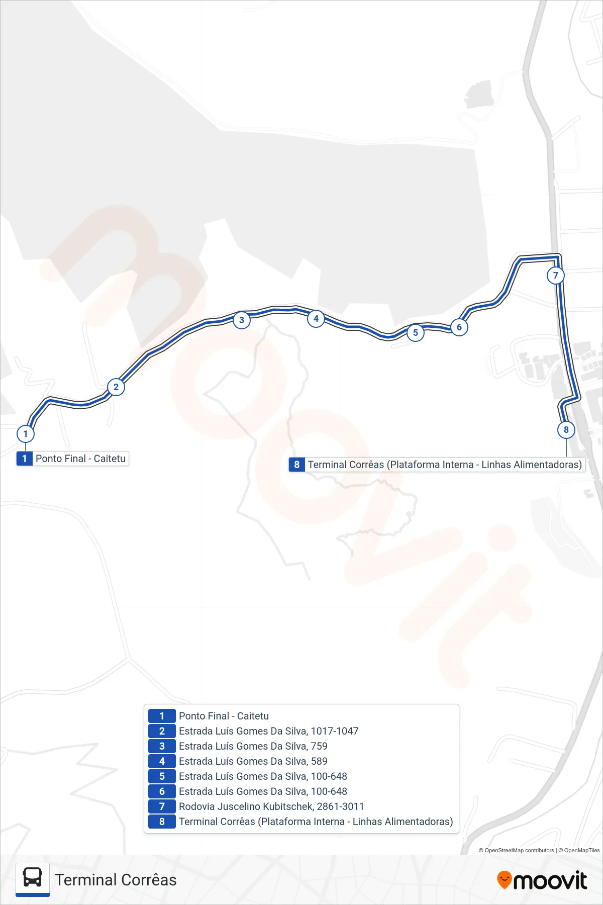 Rota e paradas da linha de ônibus 607 (Terminal Corrêas) no mapa