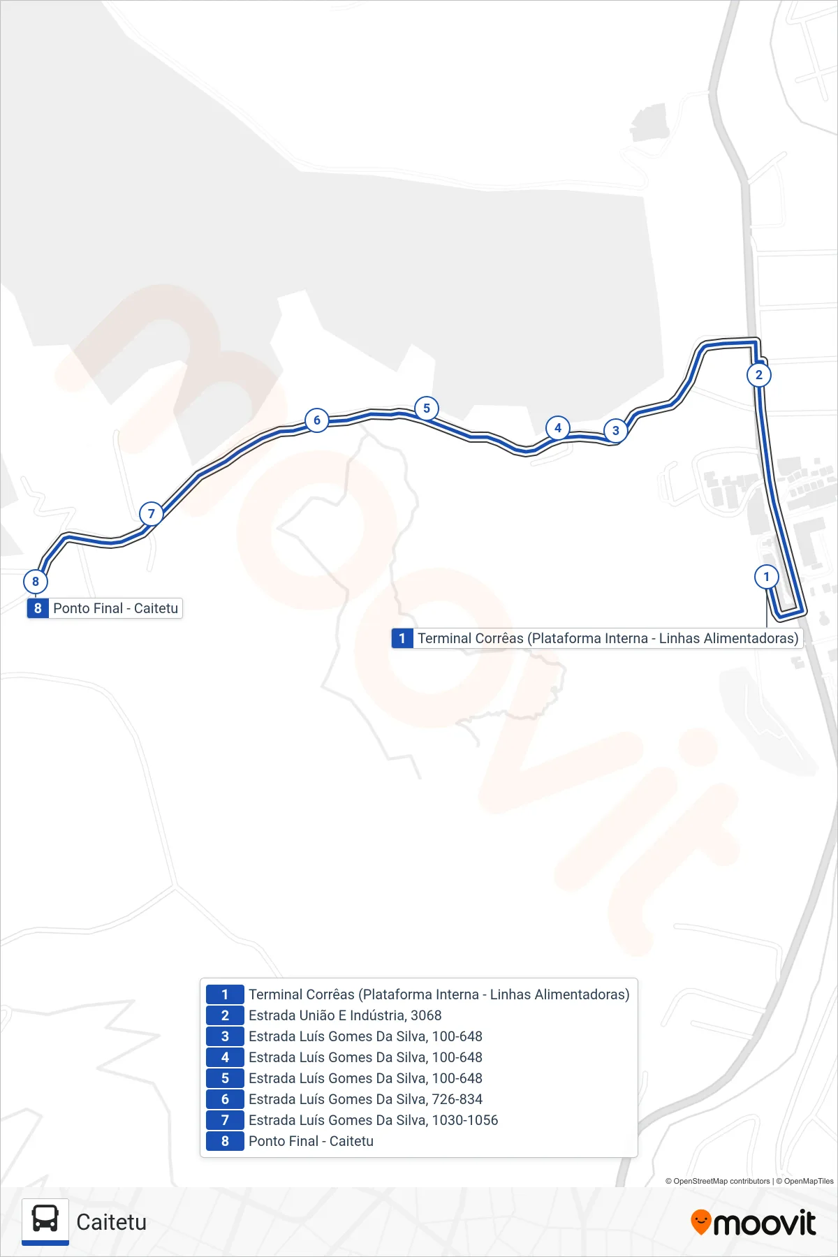 Rota e paradas da linha de ônibus 607 (Caitetu) no mapa