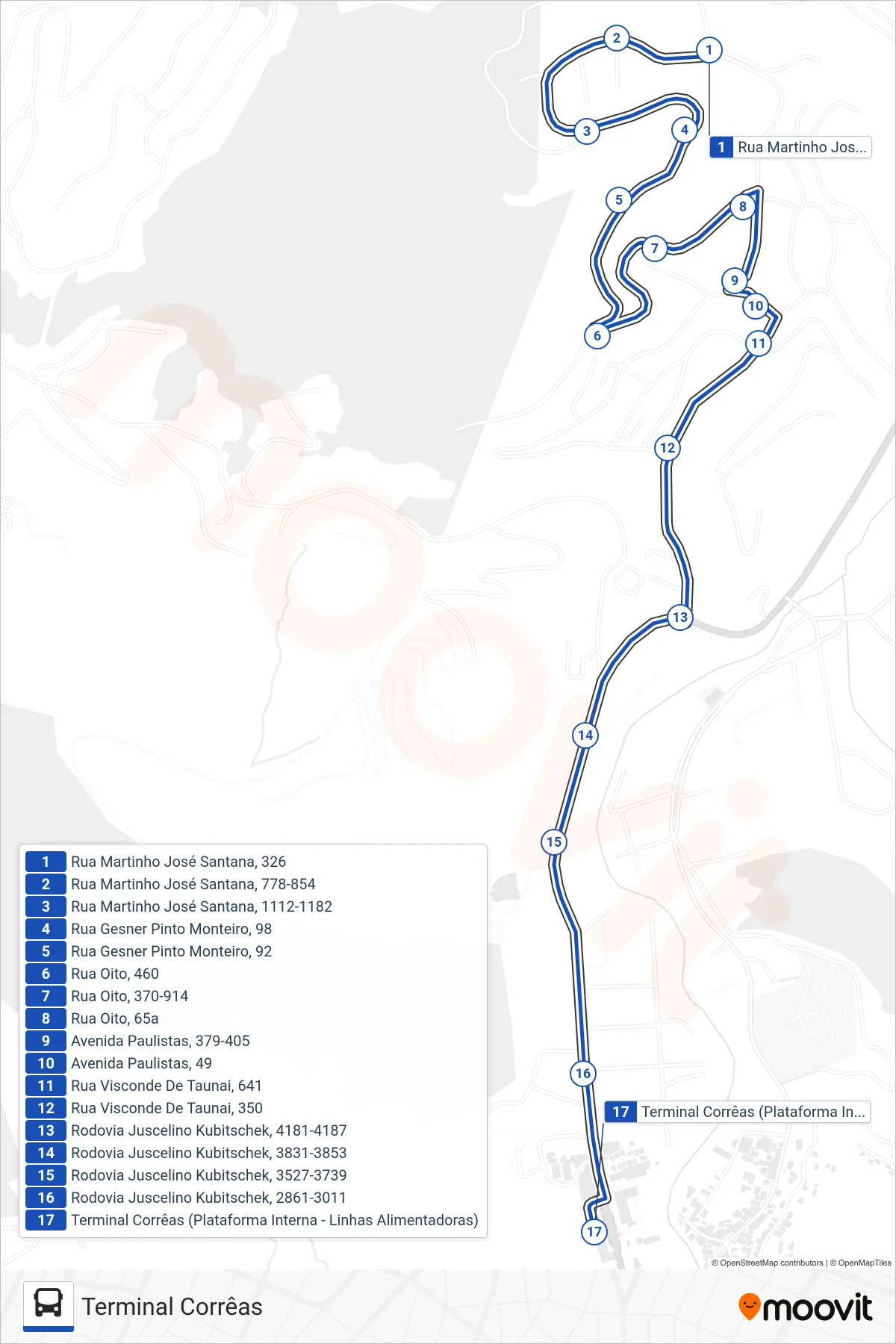 Rota e paradas da linha de ônibus 609 (Terminal Corrêas) no mapa