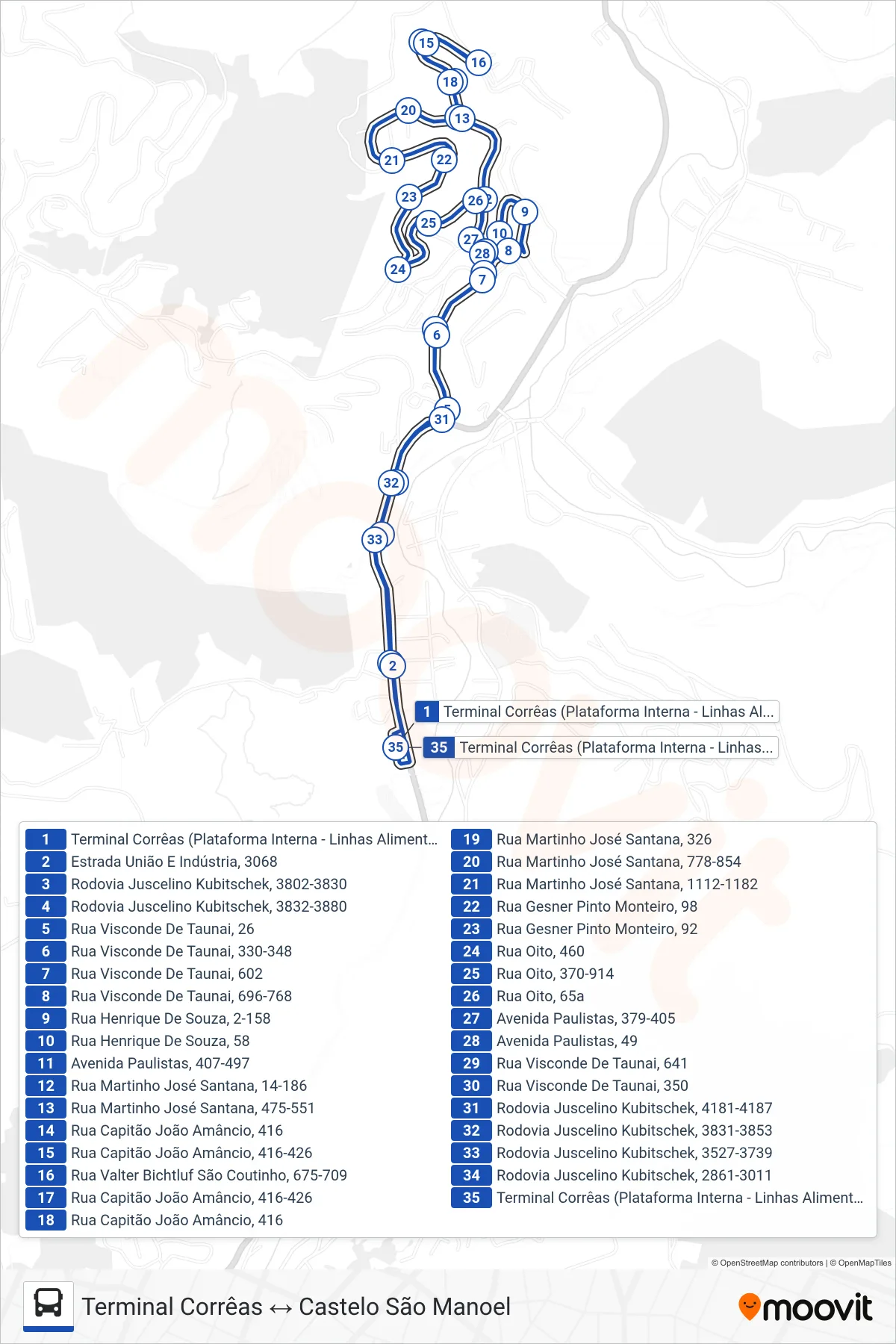 609 bus Line (Terminal Corrêas ↔ Castelo São Manoel) route and stops on a map