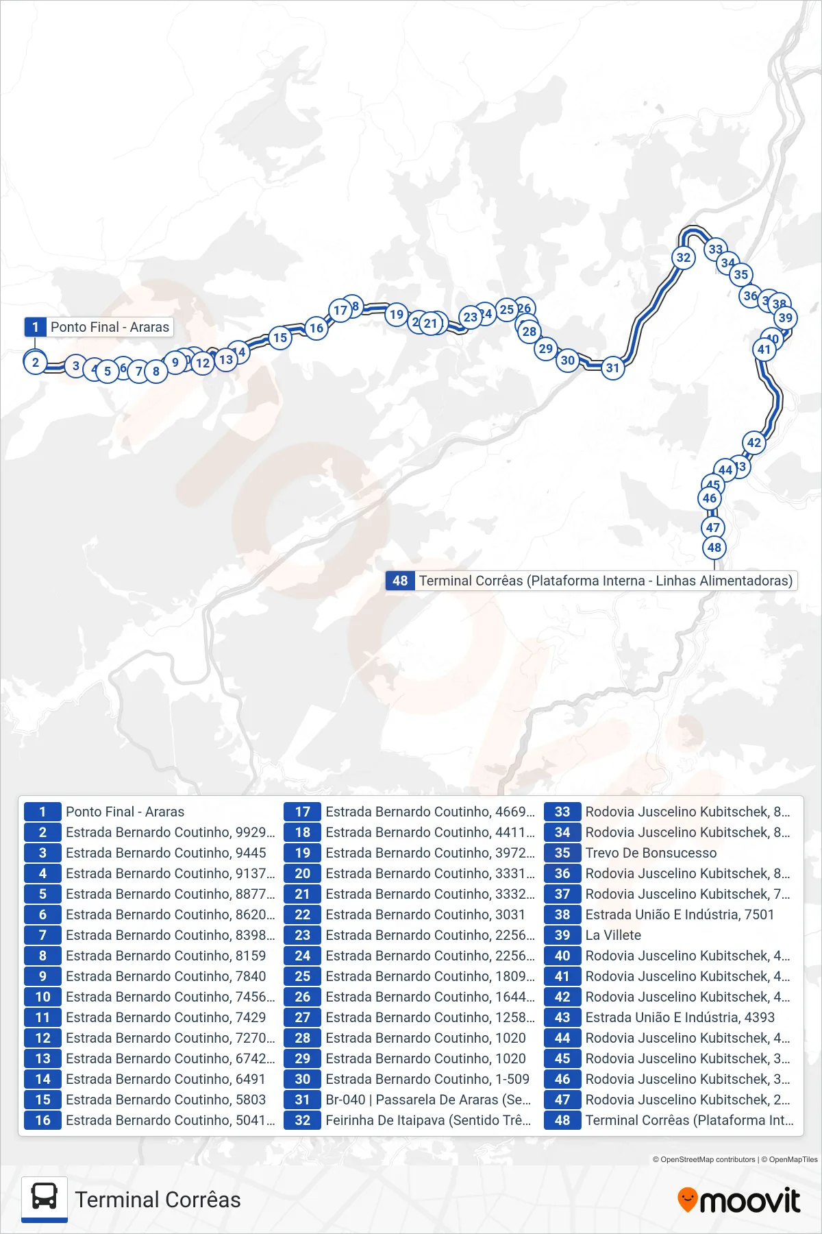 610 bus Line (Terminal Corrêas) route and stops on a map