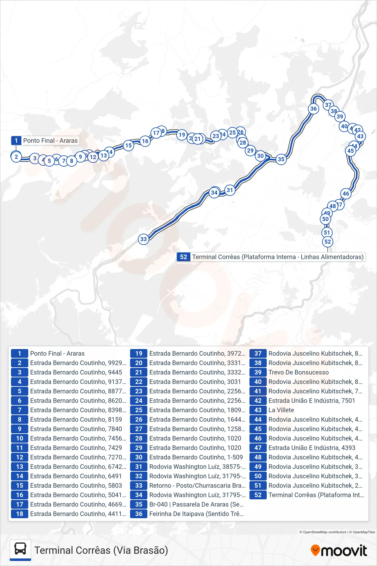 Rota e paradas da linha de ônibus 610 (Terminal Corrêas (Via Brasão)) no mapa