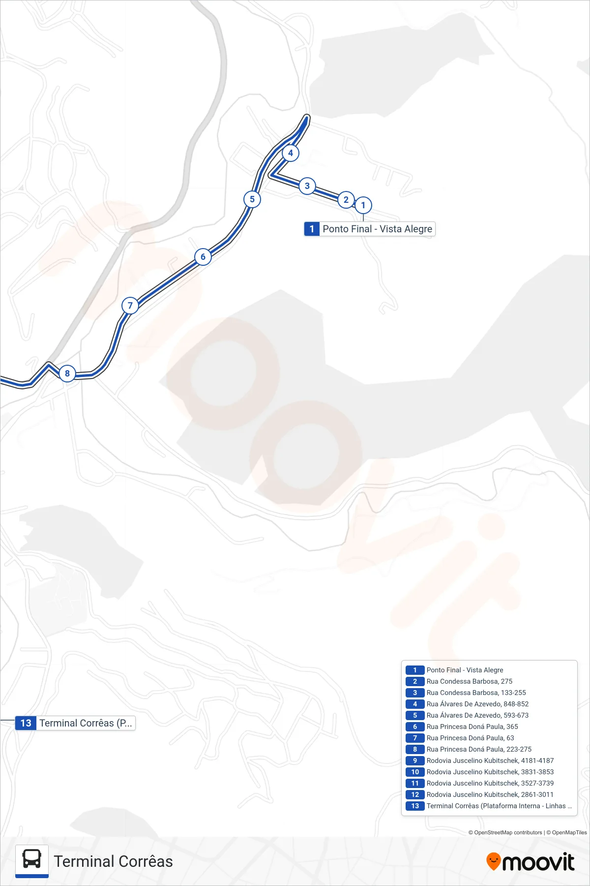 Rota e paradas da linha de ônibus 612 (Terminal Corrêas) no mapa