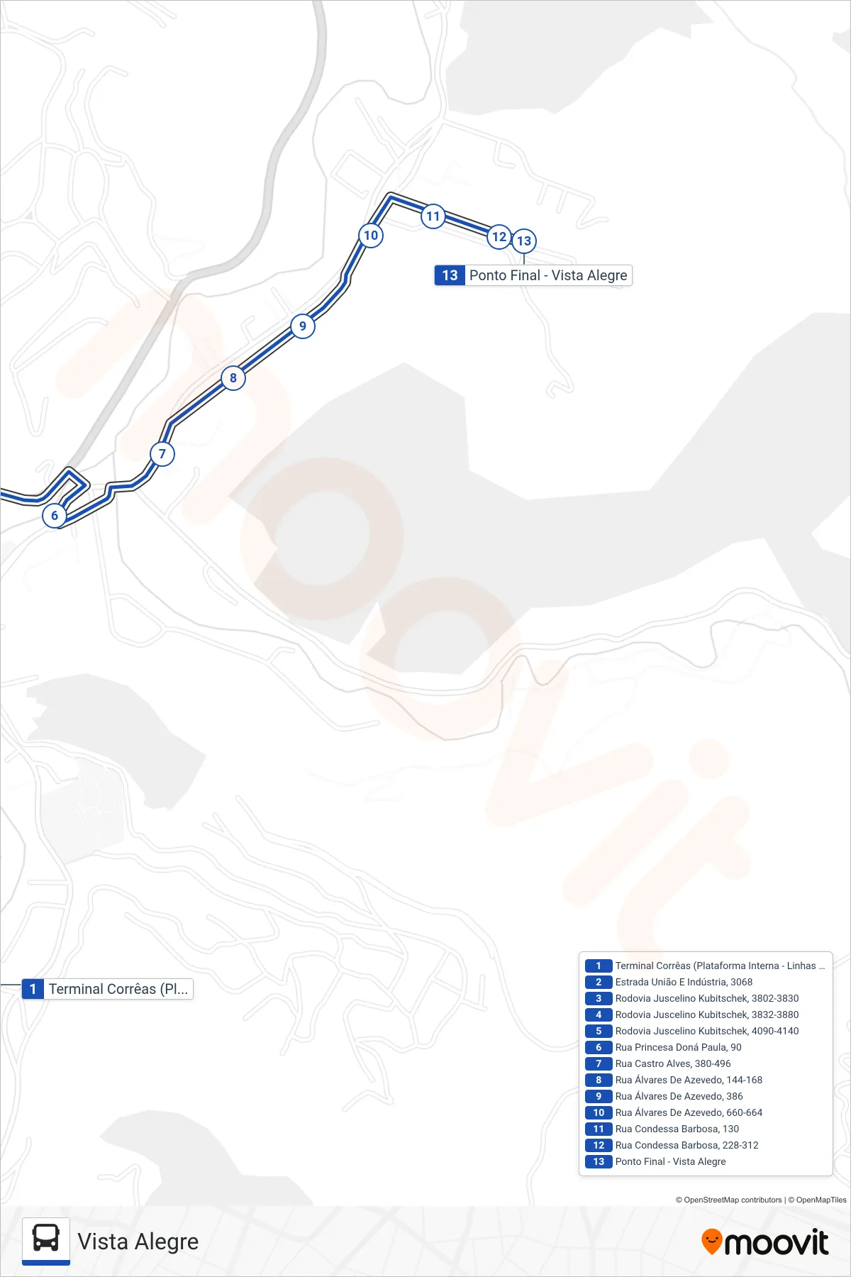 Rota e paradas da linha de ônibus 612 (Vista Alegre) no mapa