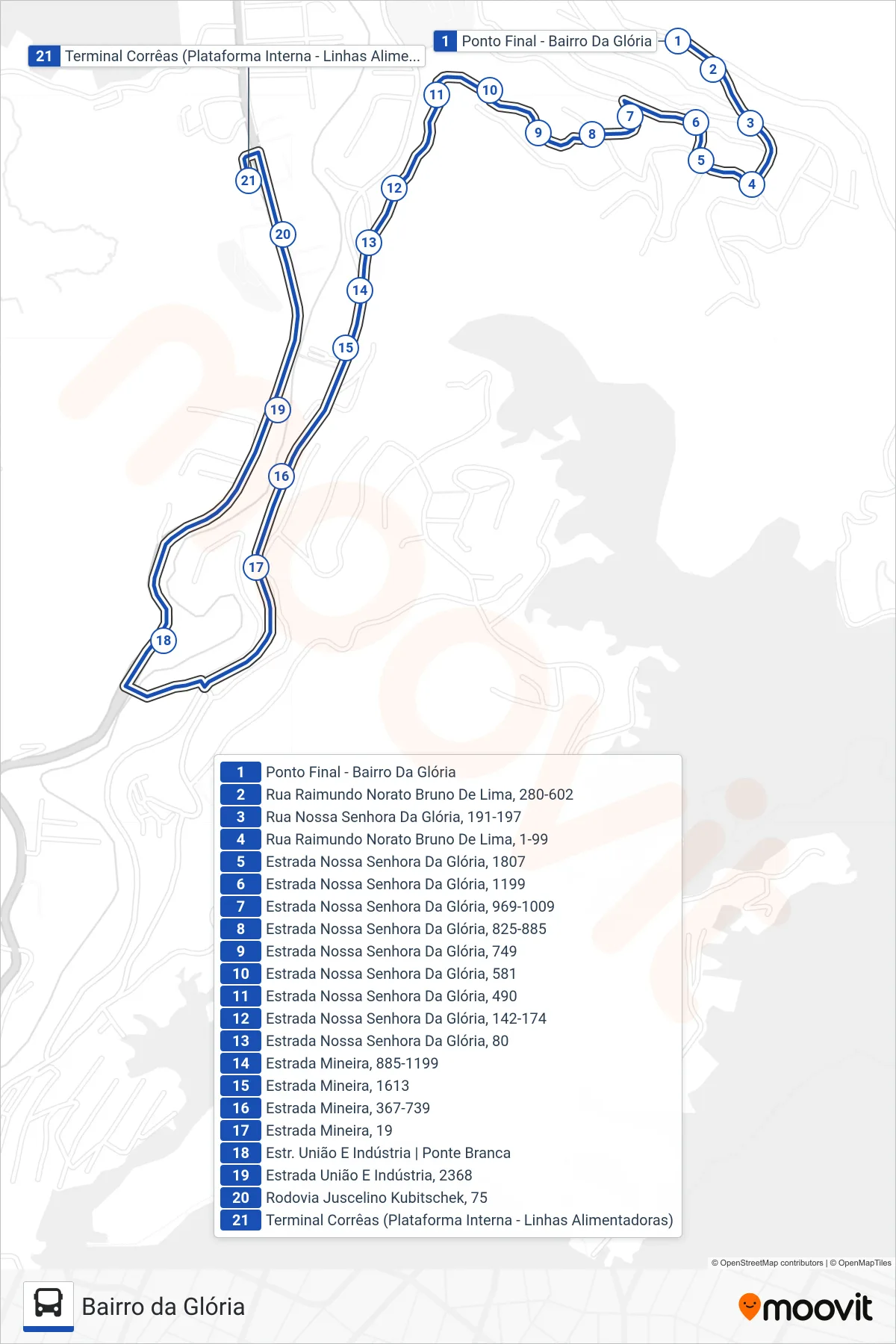 613 bus Line (Terminal Corrêas) route and stops on a map
