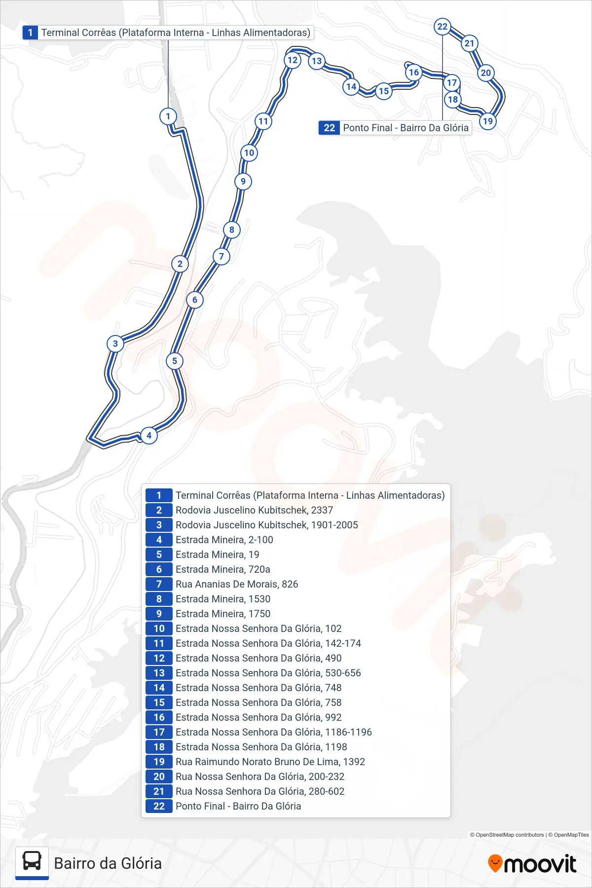 Rota e paradas da linha de ônibus 613 (Bairro Da Glória) no mapa