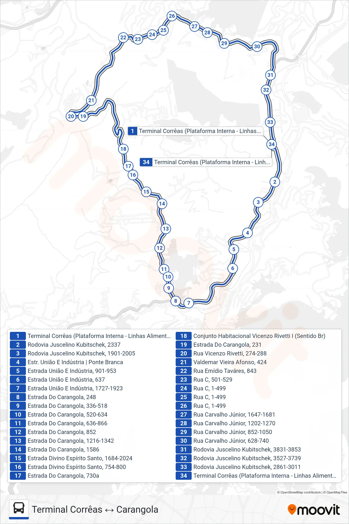 Rota e paradas da linha de ônibus 615 (Terminal Corrêas ↔ Carangola) no mapa