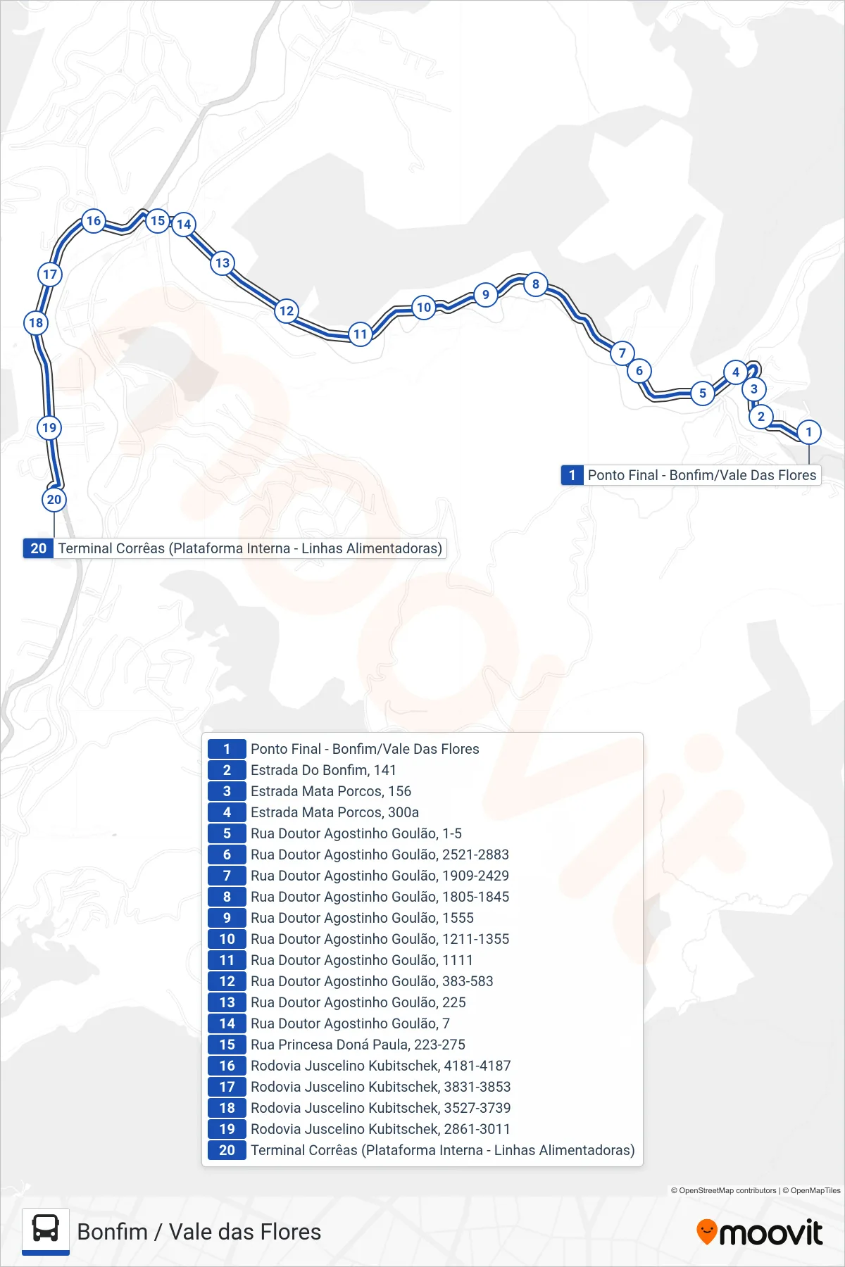 Rota e paradas da linha de ônibus 616 (Terminal Corrêas) no mapa
