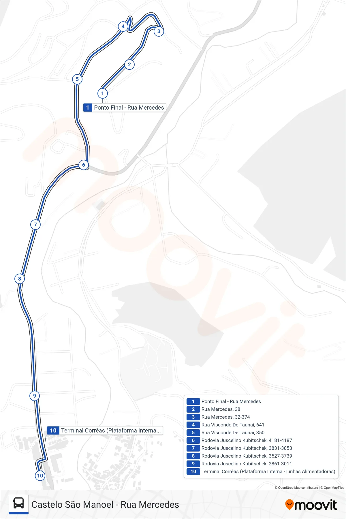 Rota e paradas da linha de ônibus 621 (Terminal Corrêas) no mapa