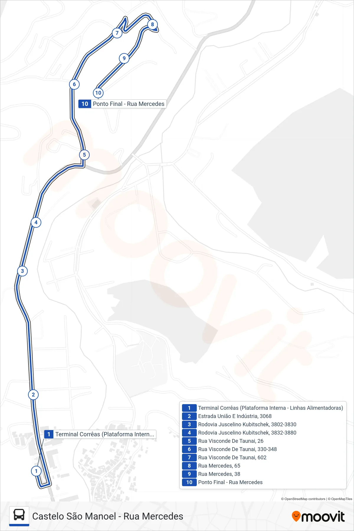 Rota e paradas da linha de ônibus  621  (Castelo São Manoel) no mapa