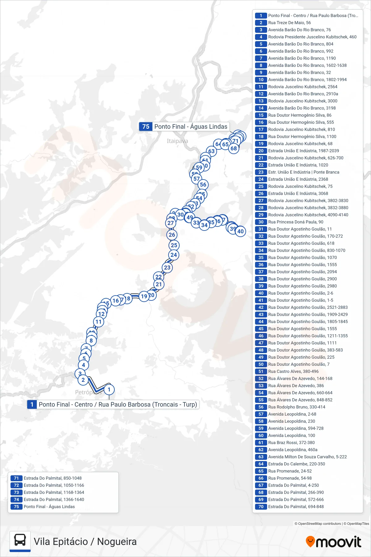 Rota e paradas da linha de ônibus 698 (Vila Epitácio / Nogueira) no mapa